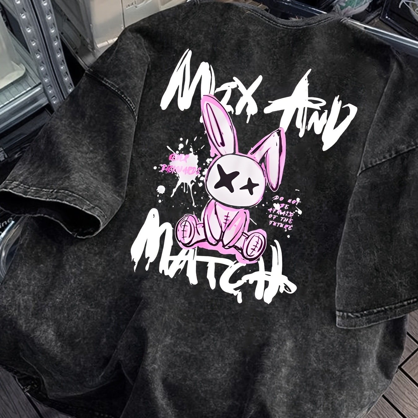 Image of Men's Bunny & Stars Graphic T-shirt - Soft Washed Black Tee With Retro & , Loose Fit Casual Shirt, Breathable Summer Streetwear Top, Ideal Gift For Men