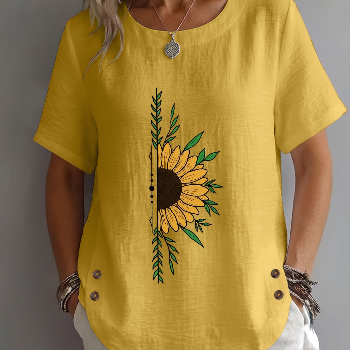 TEMU Spring/summer Women's Top, , Sunflower, Branches And Leaves, Vine Print, Elegant, Mature, Casual, Round Neck, Short Sleeve, Women's Clothing