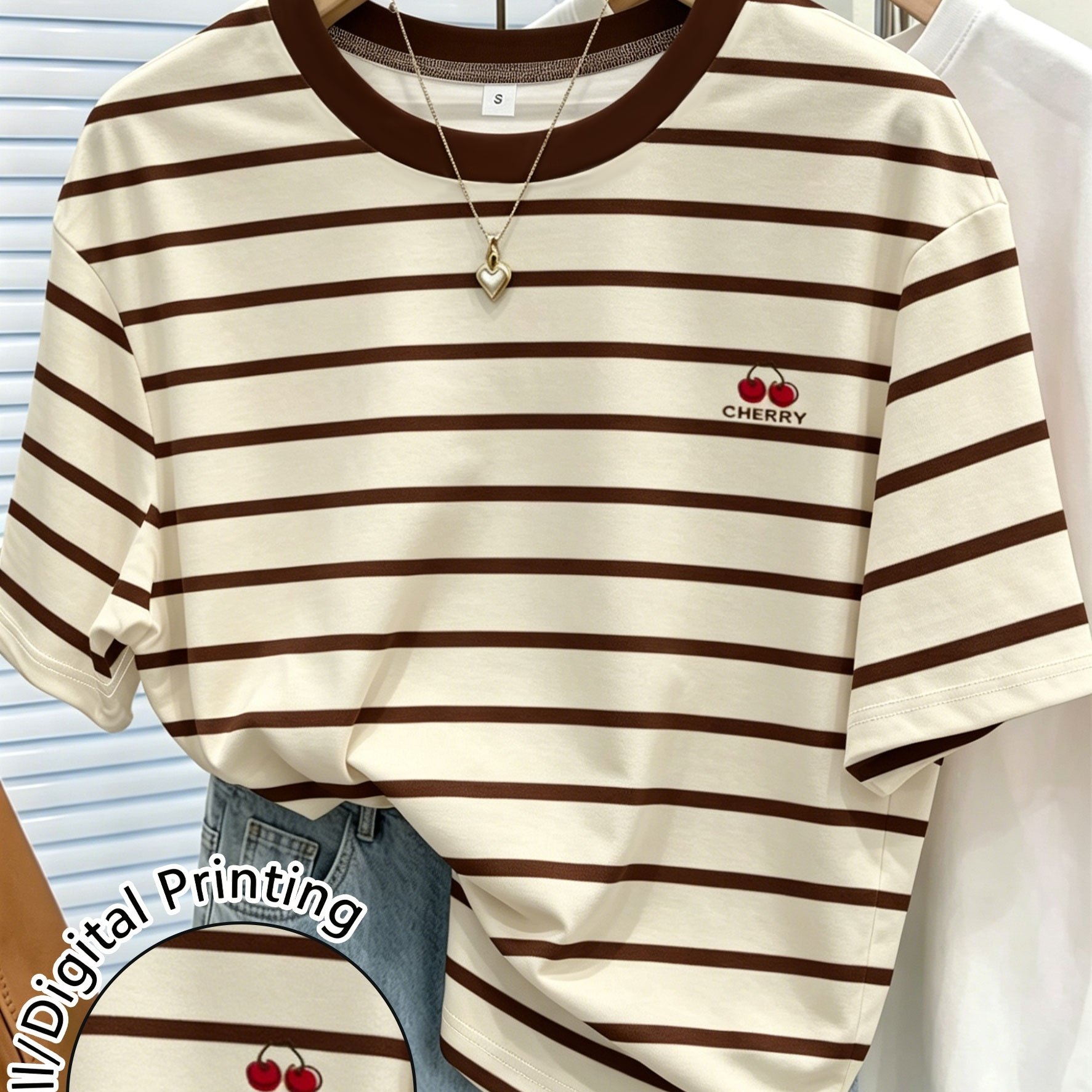 TEMU Women's Striped Printed Crew Neck Short Sleeve T-shirt, Casual Comfortable Versatile