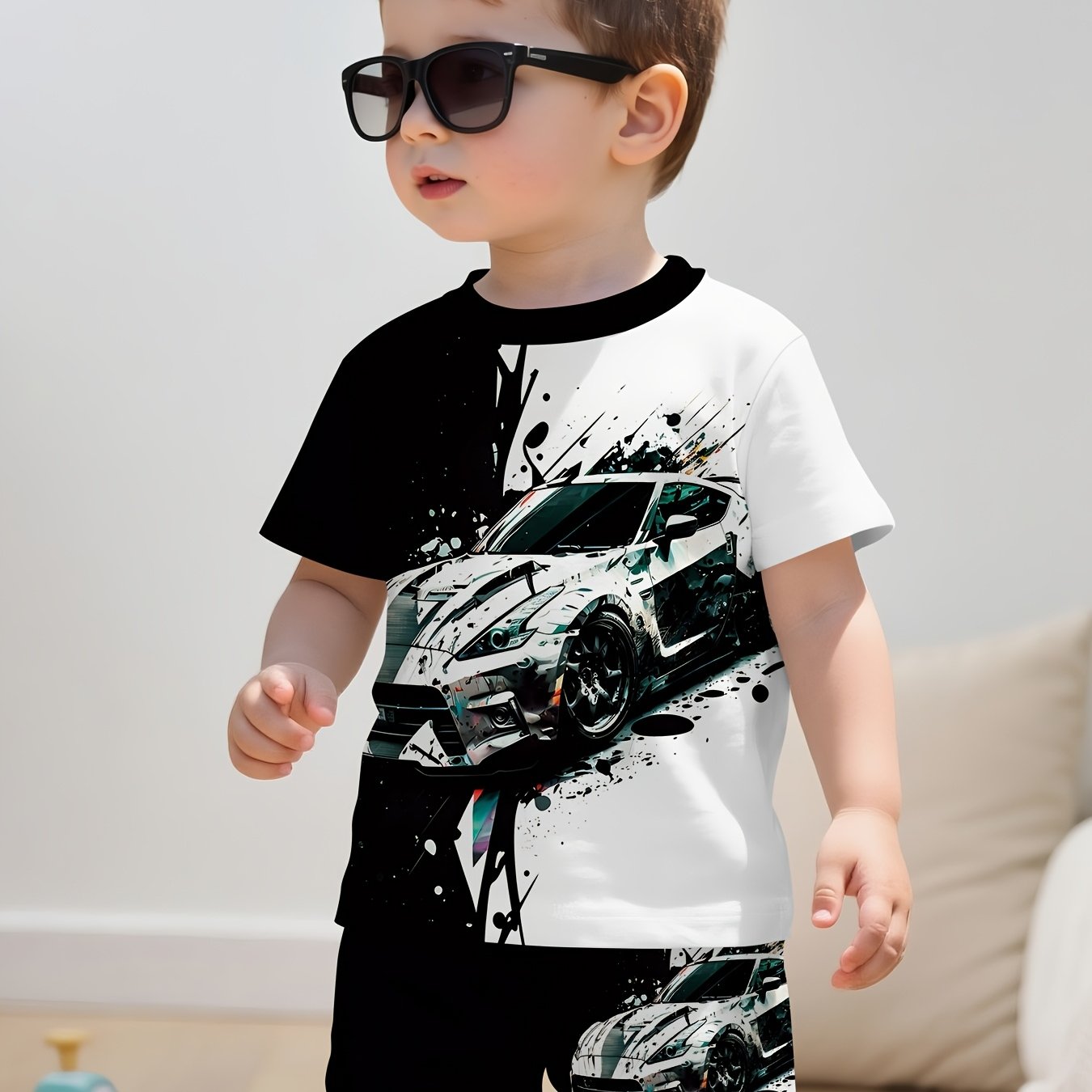 2pcs Summer New Boys' And Infants' Casual, Stylish, Trendy And Cool Racing Car Printed Round-neck T-shirt And Shorts Set, For Outdoor