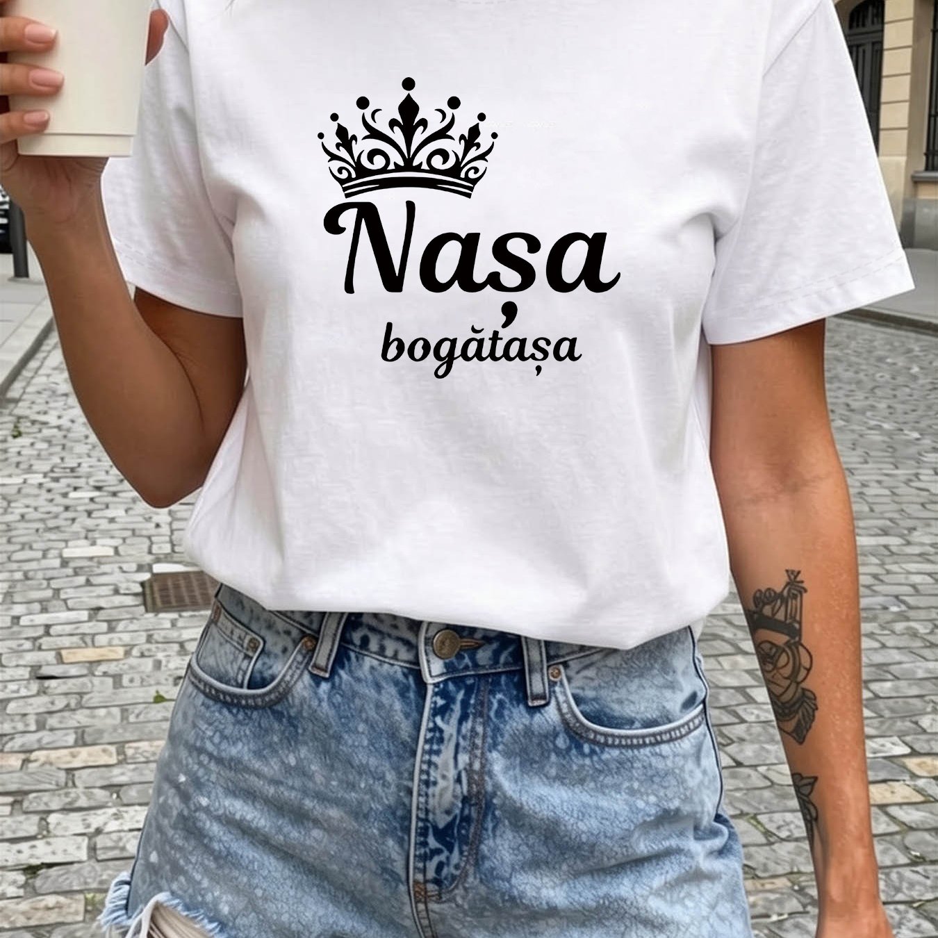 TEMU Romanian Rich Godmother Letter Print Women's T-shirt, Short Sleeve Crew Neck Casual Top For Summer And Spring, Women's Clothing