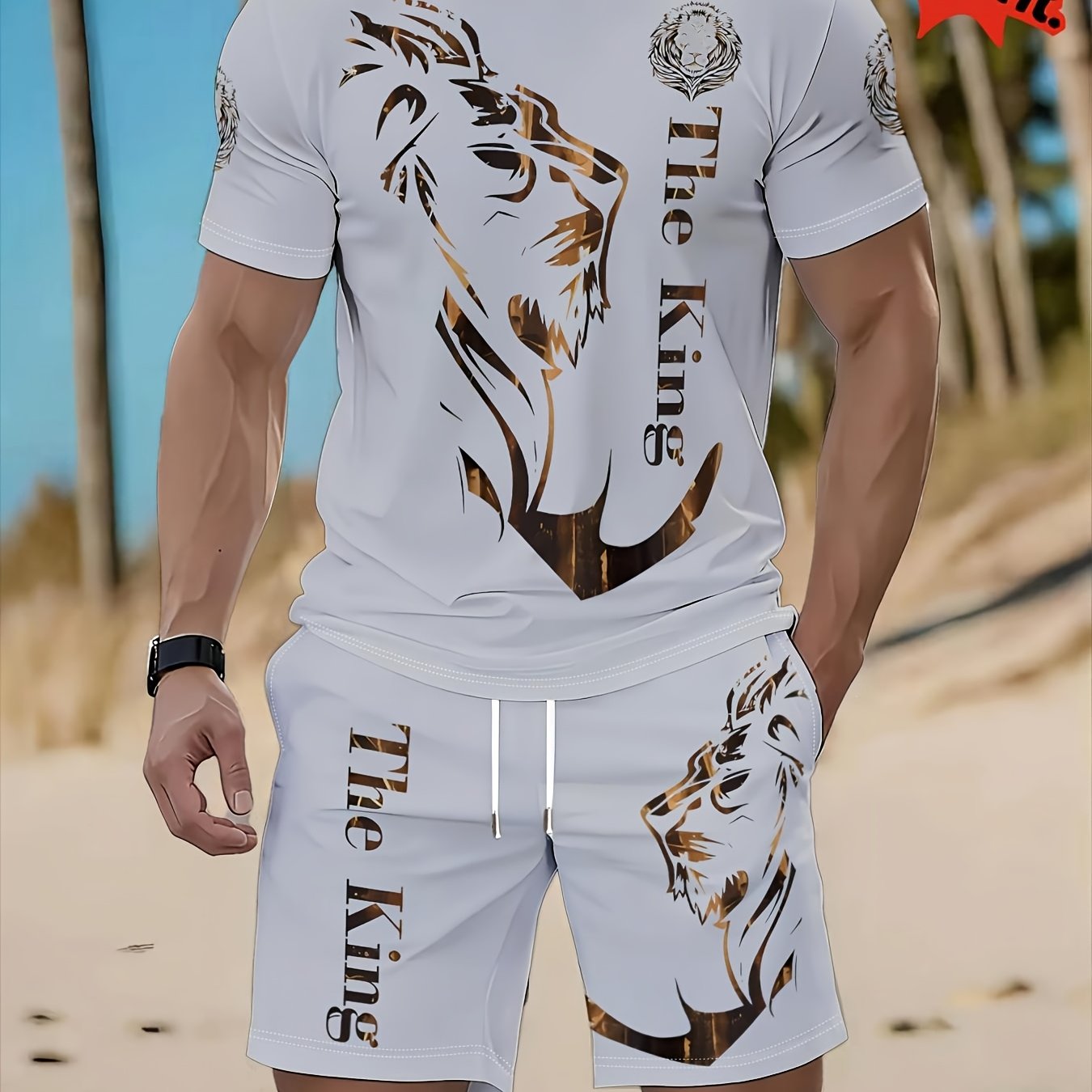TEMU Printed Design â Not Textured/embroidery/sequins Men's Spring/summer Casual Vacation Short-sleeve Set, Light Gray With Golden "" Lion Print,