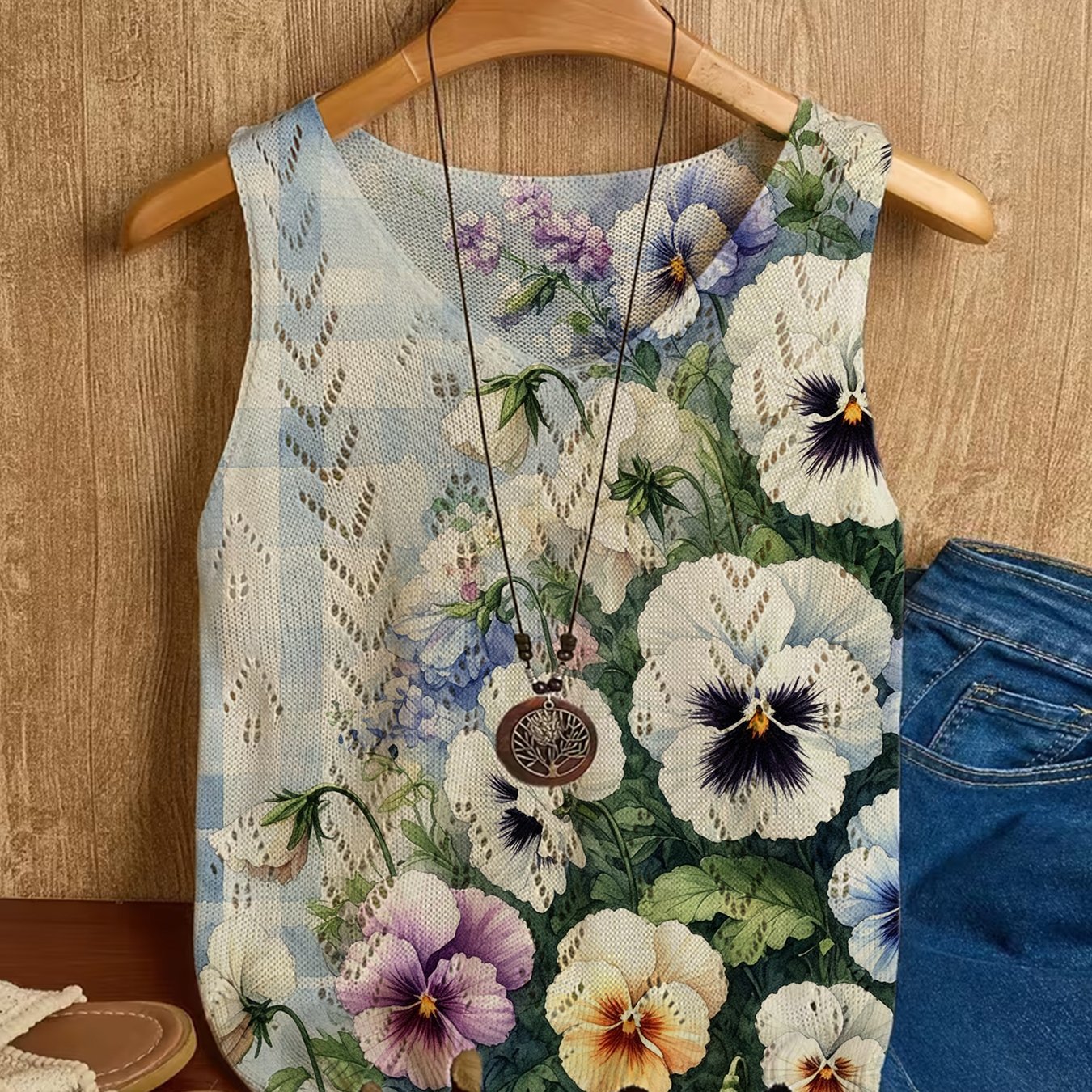 TEMU Women's Spring Summer Sleeveless Vest Retro Floral Print, Early Spring Hollow Versatile Regular V-neck Inner Vest, Summer Soft Comfortable