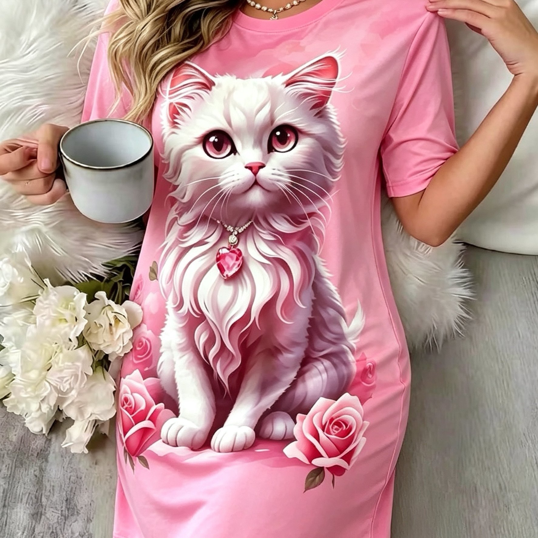 TEMU Women's New Sleepwear , Rose White Kitten Mid-length Nightgown Gentle Girly Home Sleepwear, Large Print Cute White Cat Sleepwear Loose