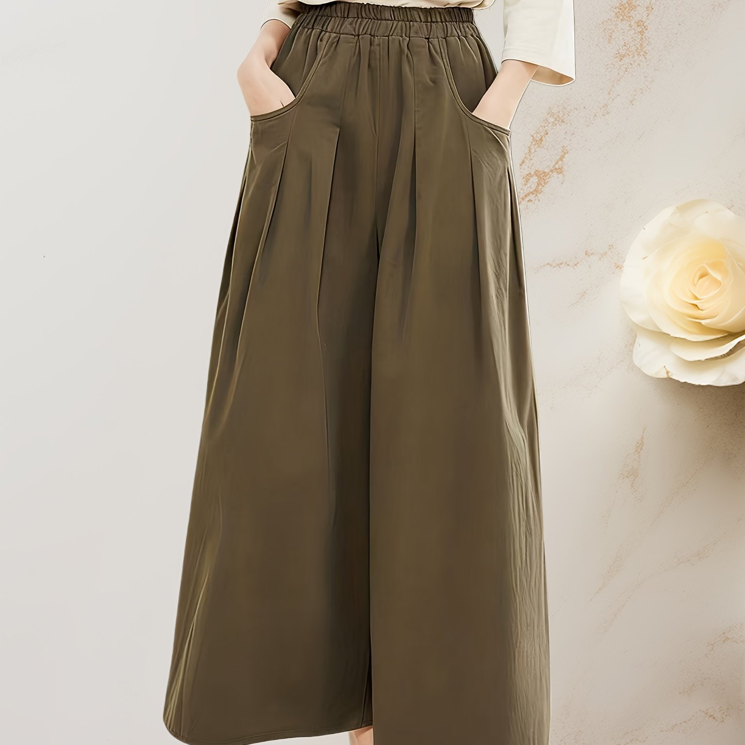 TEMU Lightweight, Loose-fitting, Wide-leg Cropped Pants With A Gathered Elastic Waistband For Spring And Summer