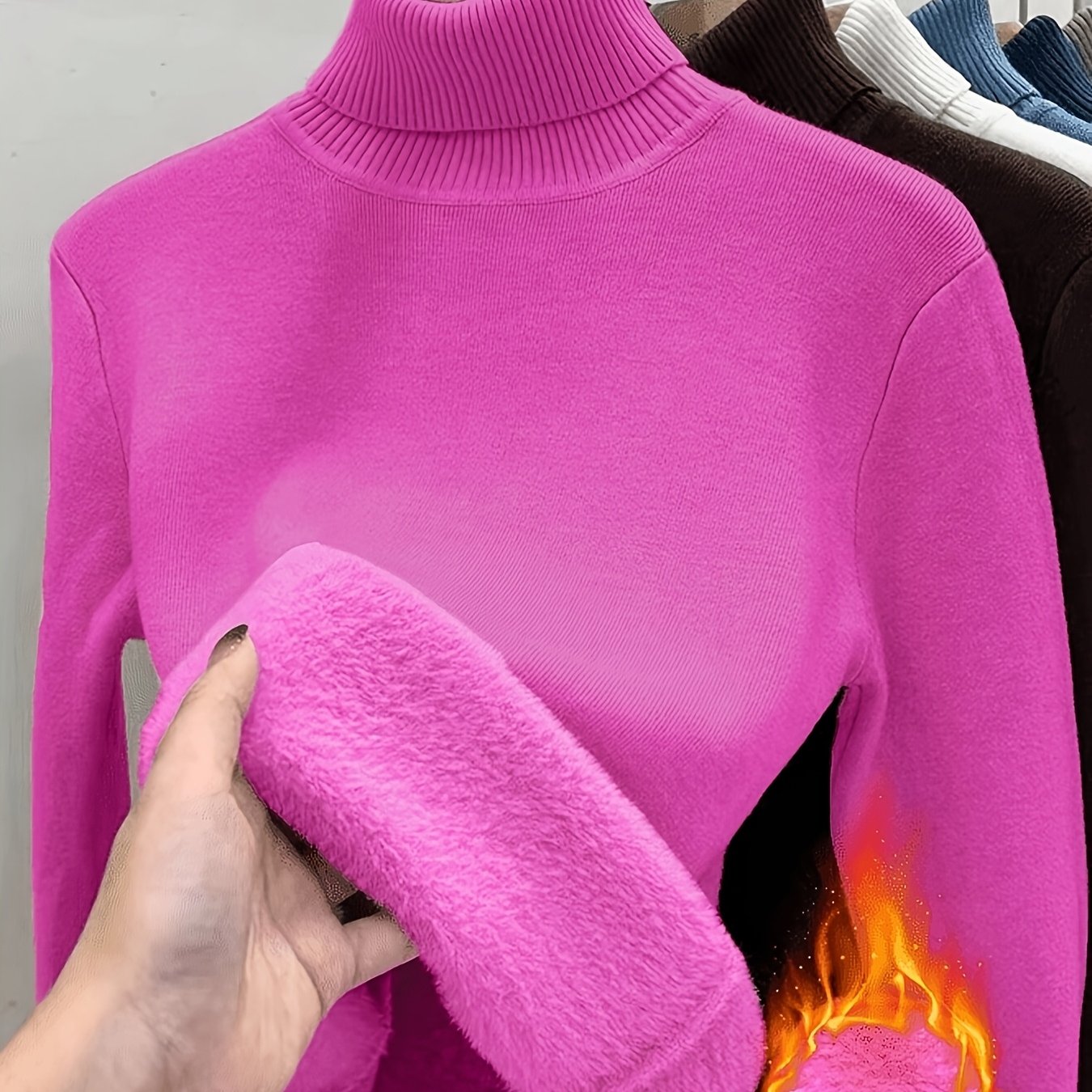 TEMU Women's Fleece-lined Sweater, High Neck, Thickened, Warm Top, Solid Color, Slim-fit Basic Layer Shirt, Extreme , Winter Pullover Top. Women's