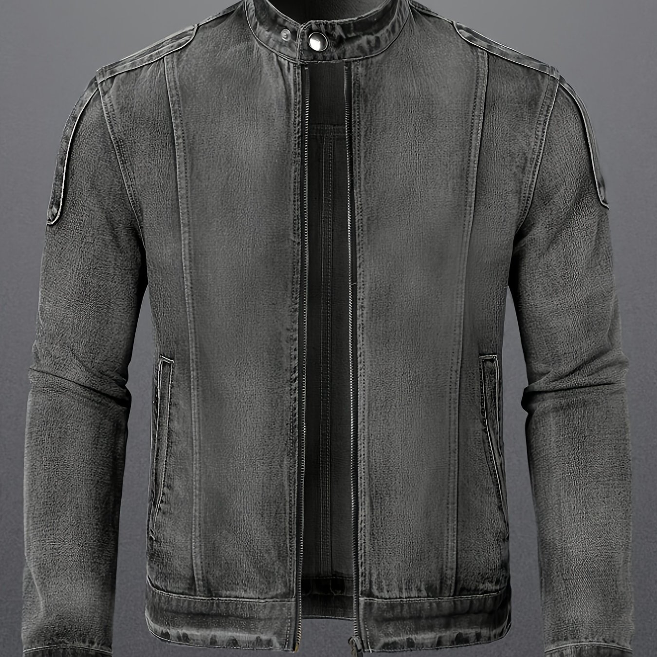 TEMU Hme Biker Denim Jacket | 3d Tailored Design, Heavy Washed Non-stretch Fabric, Fit, Zip-front Closure, Unique Hidden Collar Buttons, Perfect For