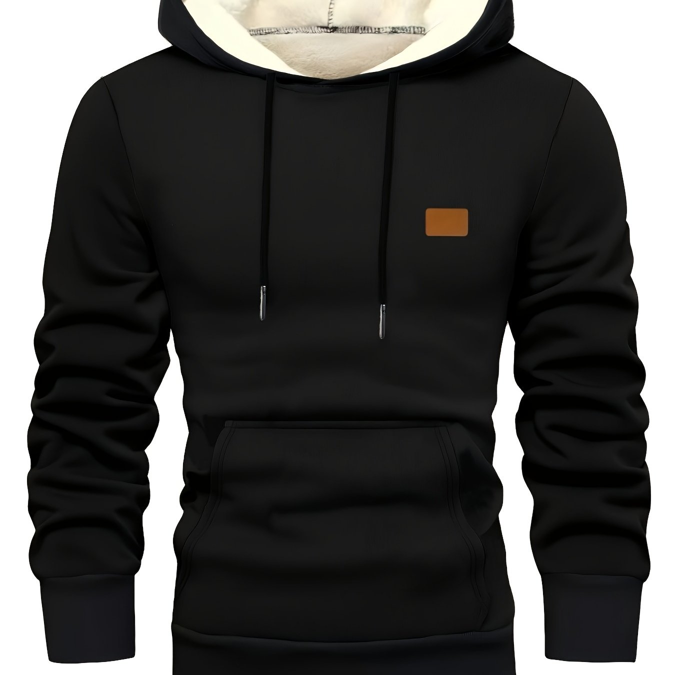 Men's Autumn And Winter Solid Color Fleece-lined Warm Hooded Sweatshirt, Pullover, Polyester Fabric, Machine Washable, Suitable For Outdoor Sports In Winter, Black Basic Versatile Hooded Sweatshirt