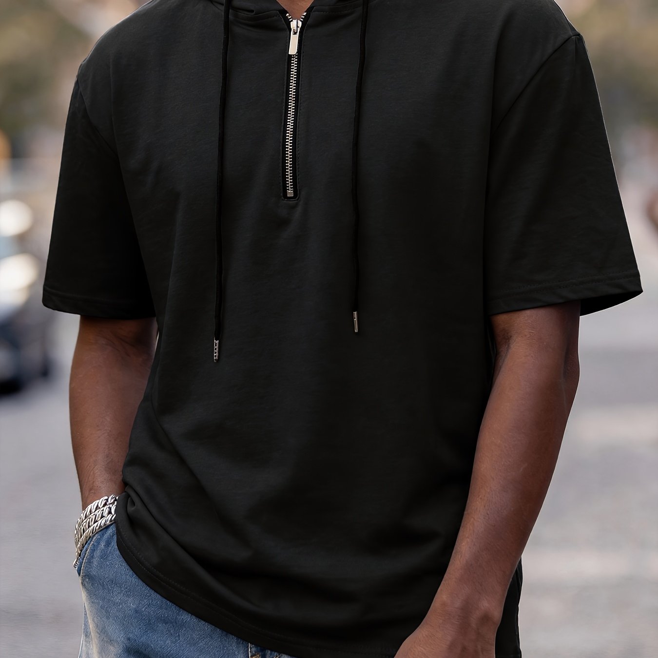 TEMU Obm Men's Casual Fashion Hooded Short Sleeve, Half-zipper Design, Drawstring Design, Soft And Comfortable Fabric, Durable And Practical,