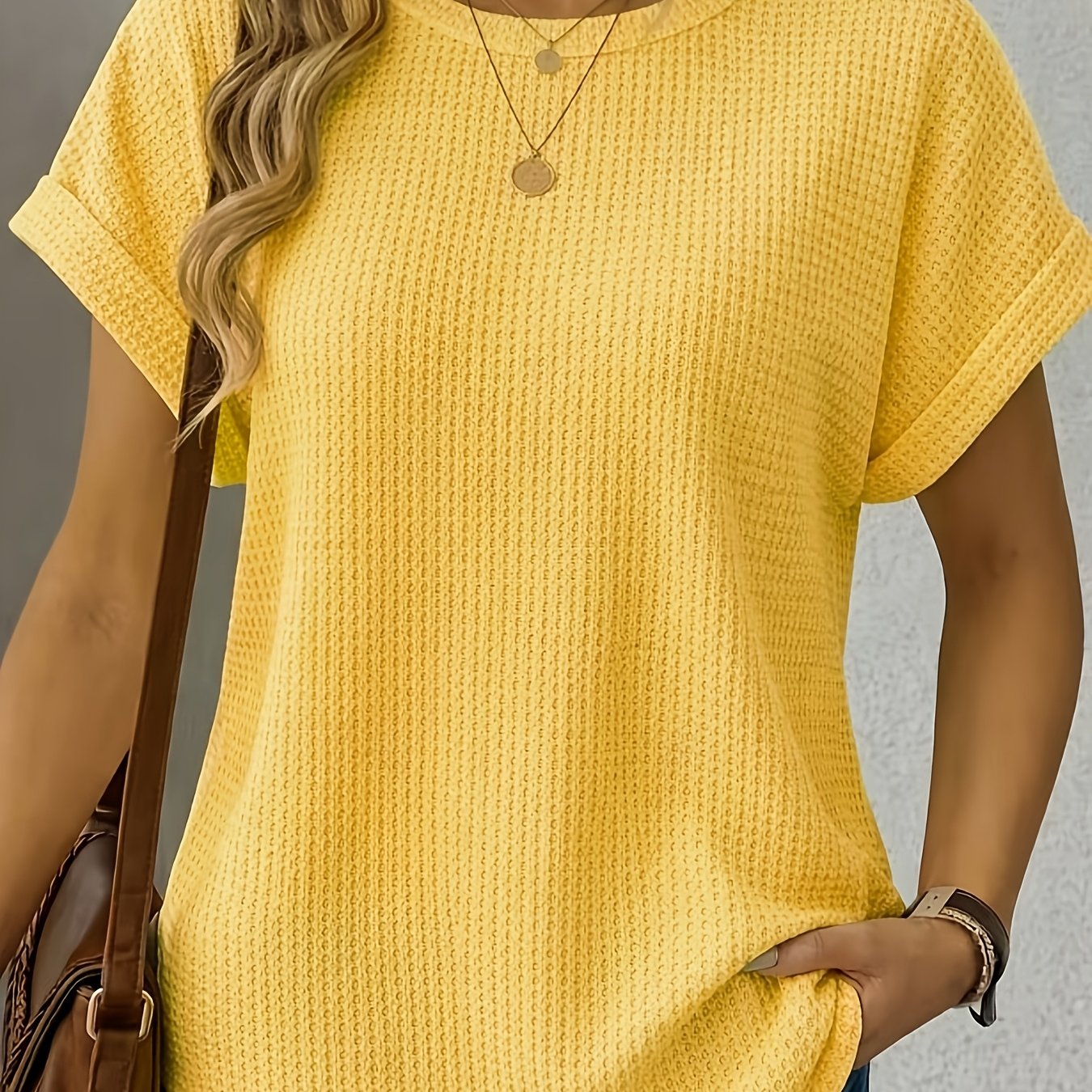 TEMU Women's T-shirt Waffle Texture Solid Color Top Casual Round Neck Regular Style Short Sleeve Shirt Top
