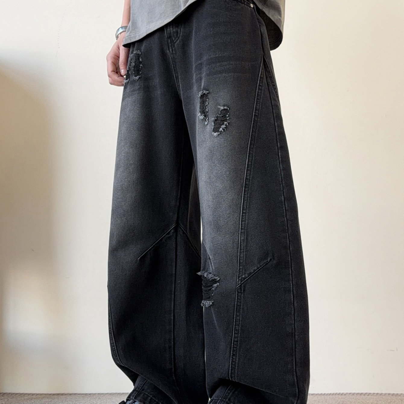 TEMU 【商品名】夏 薄手 ダメージジーンズ メンズ トレンド 万能 新作 ハイストリート ゆったり ワイドレッグ レトロ カジュアル パンツ