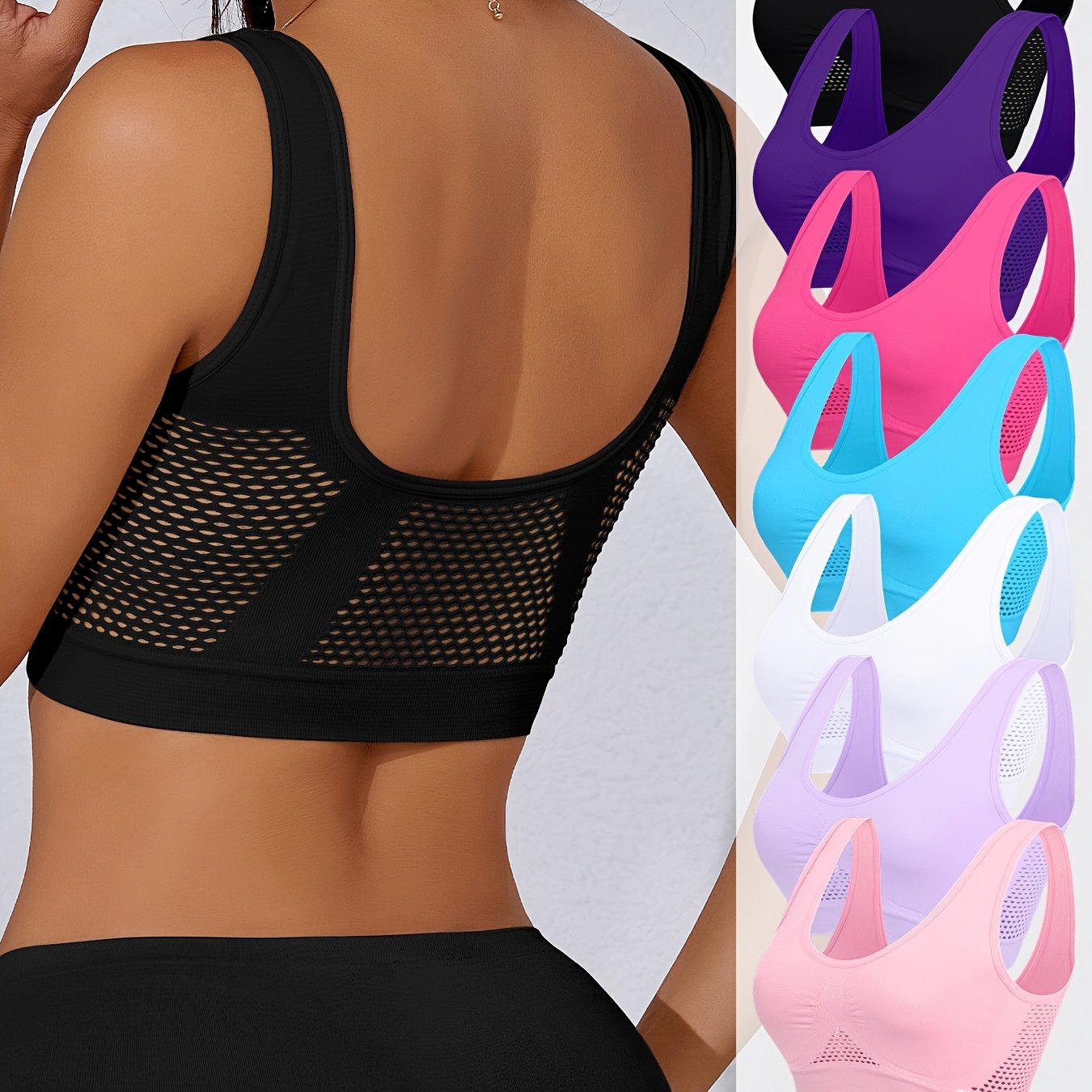 7pcs Women's High- Full-coverage Hollow-out Sports Bras - No Padding, High-elasticity Gym, Yoga & Running Shirts, Breathable Solid Color Activewear For Fitness Training & Daily Wear (hand Washable)