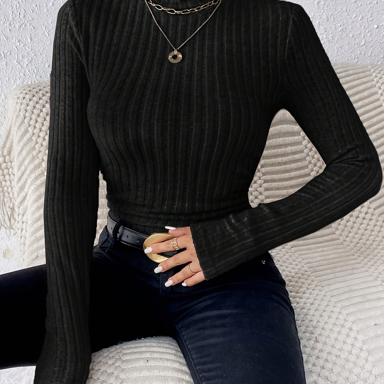Image of Women's Long Sleeve High Neck Ribbed T-shirt, Spring/autumn Casual Long Sleeve Top, Women's Clothing