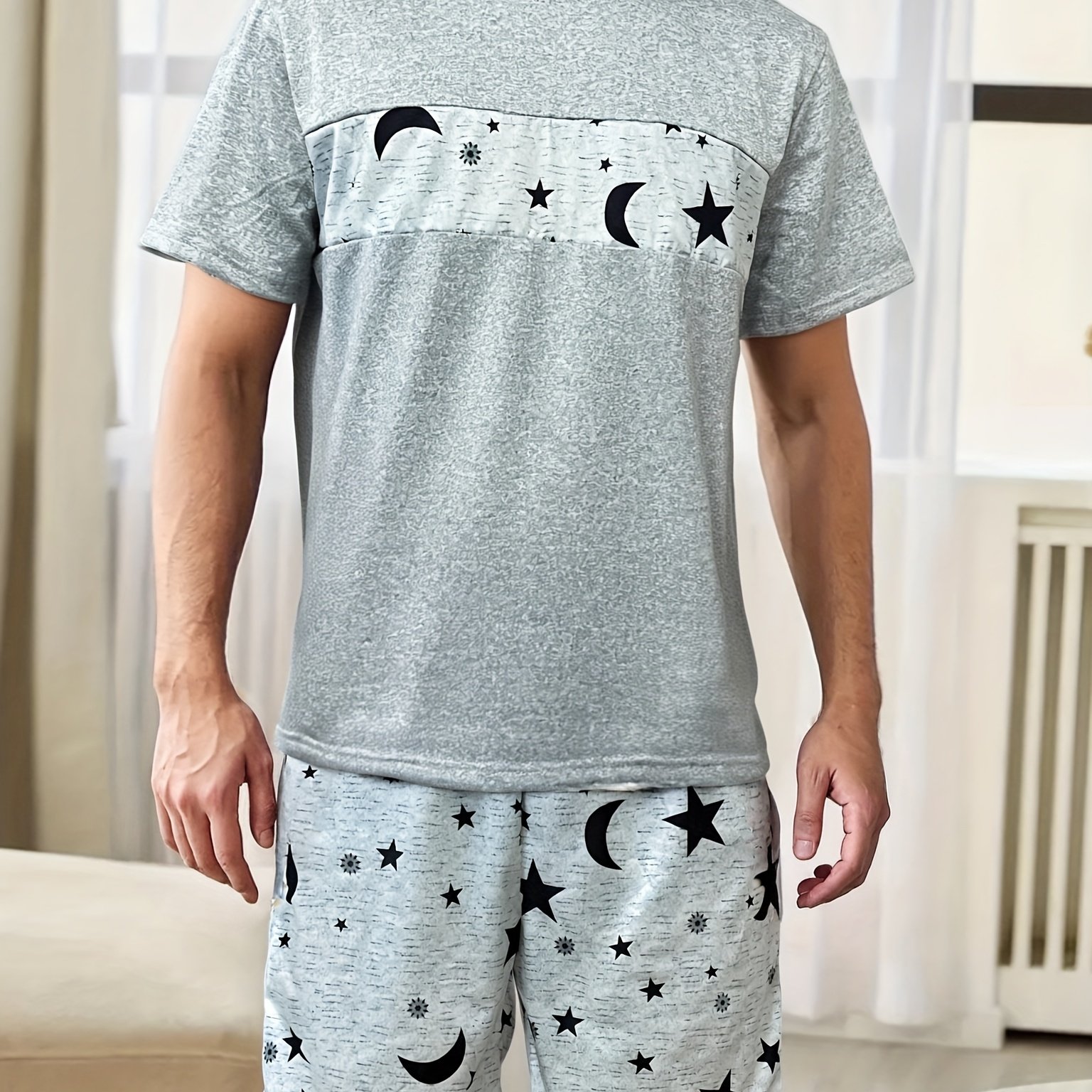 E-shop Herren Pyjama Premium Kurzarm Elastische Taille Shorts Nachtwäsche Freizeitkleidung Frühling Herbst Stil Ganzjahres Pyjama Set