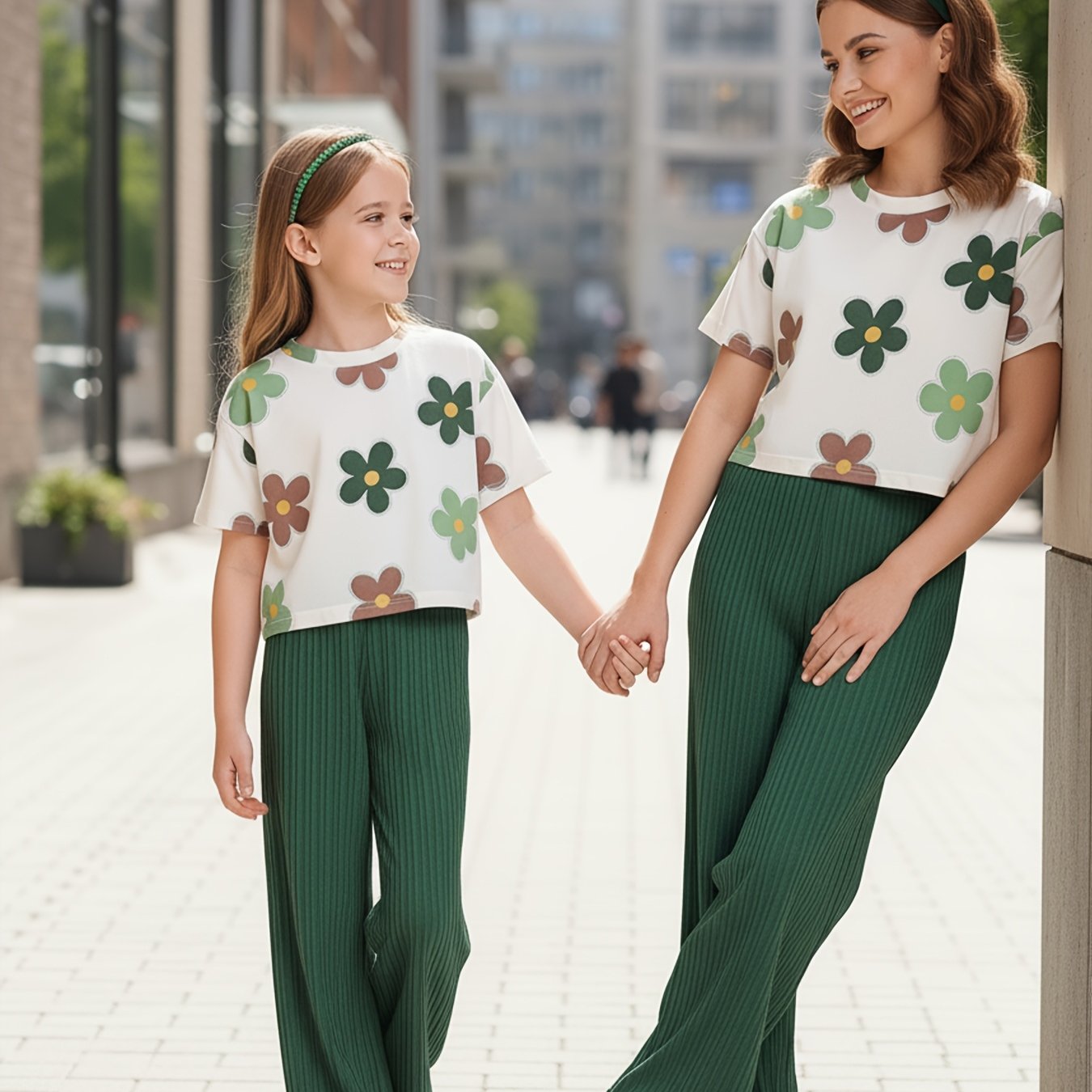 E-shop 2er-Set Mädchen T-Shirt mit Blumenmuster und Hose mit elastischem Bund und weitem Bein, strukturiert, für Outdoor-Aktivitäten