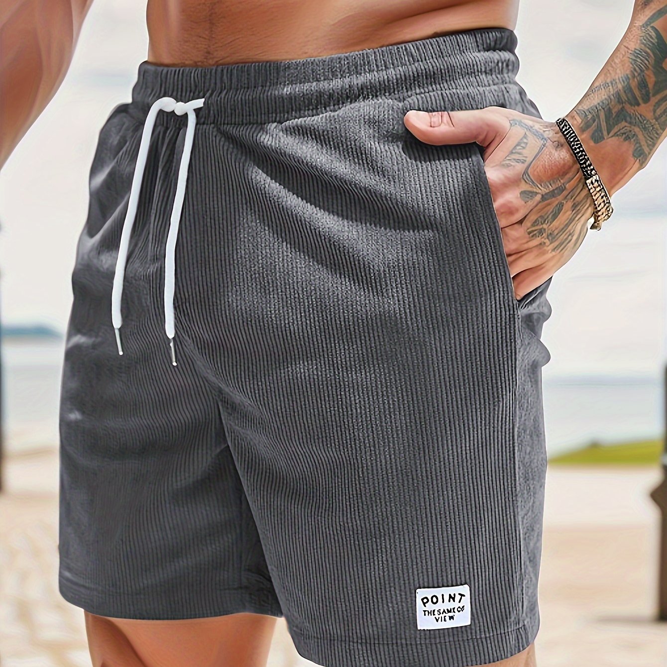 Men's Olive Green Corduroy Casual Shorts - Slim Fit With White Drawstring, Polyester, Machine Washable, Fabric For