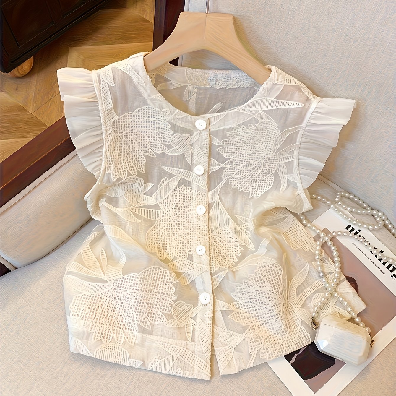 TEMU Elegant And Chic Women's Round Neck Single-breasted Jacquard Sleeve Fashion Shirt For Spring And Summer