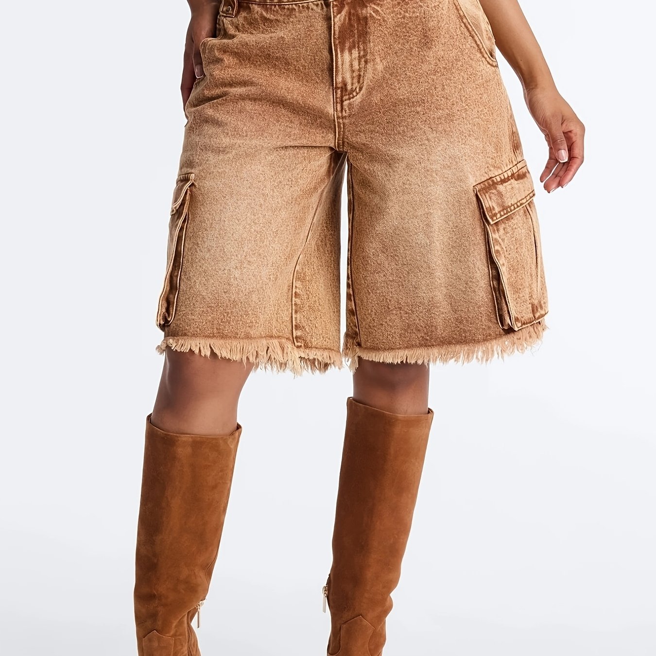 Image of Women's Loose-fitting Casual Wide-leg Multi-pocket Mid-length Denim Shorts With Elasticized Cuffs, Heavy-duty Snowflake Washed Denim. Khaki Color With A , Easy And Versatile, Fashionable