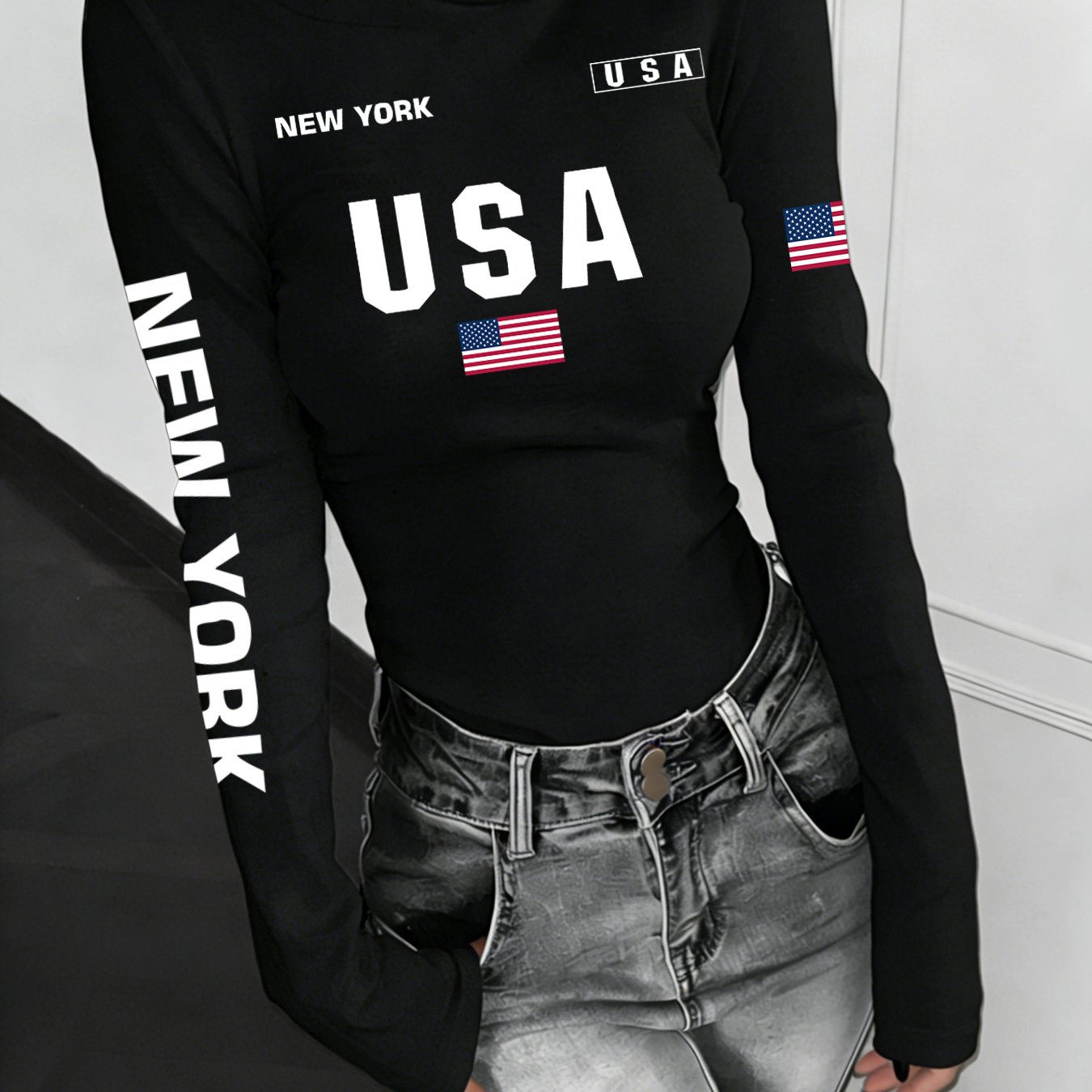 TEMU Style Semi-high Collar Base Shirt Women Autumn And Winter Usa Flag Print Slim Fit Long-sleeved Elastic Inner Top
