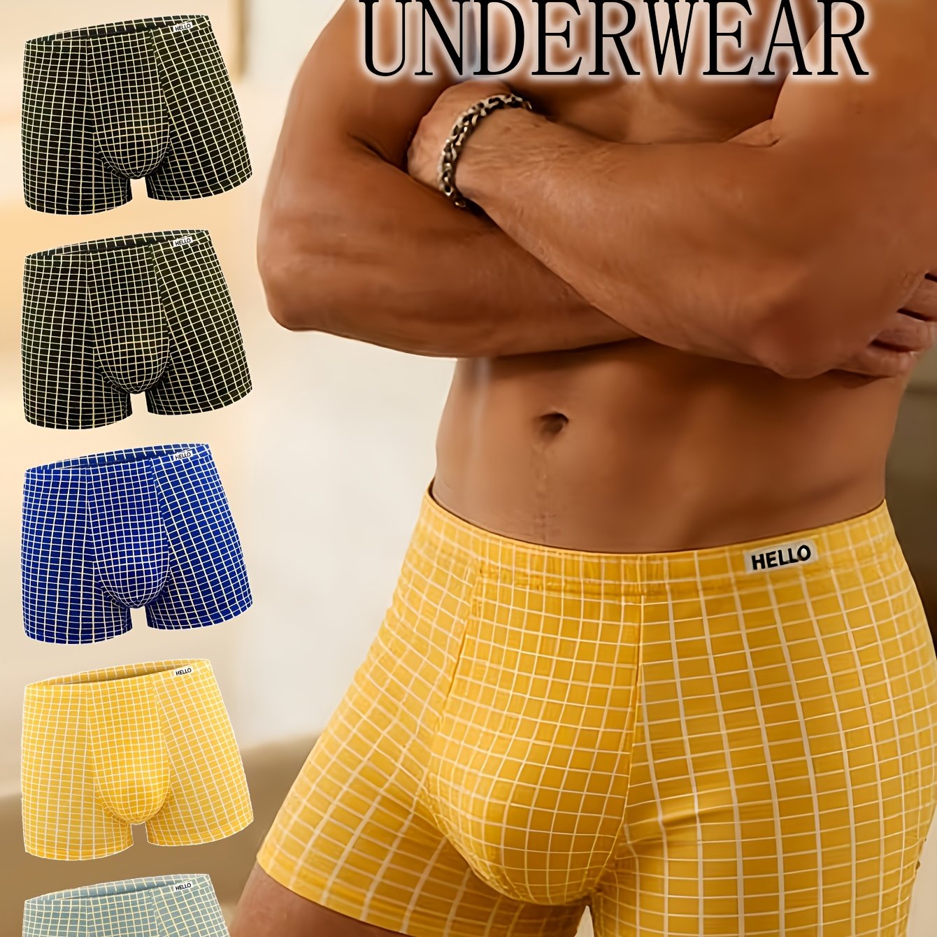 5pcs Men's Casual Flat Underwear, Comfortable And Breathable, , Non Restrictive, Durable Material, Simple And , Moisture-wicking Underwear, High Elasticity Flat Underwear, Unique Grid Printing Design