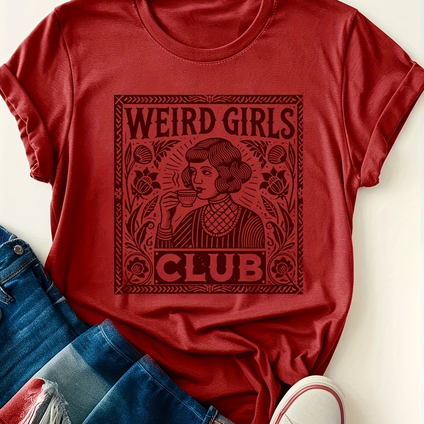 TEMU Large Size Weird Club Graphic Print T-shirt, Short Sleeve Crew Neck Casual Top For Summer And Spring, Women's Clothing, Birthday Gift, Friend