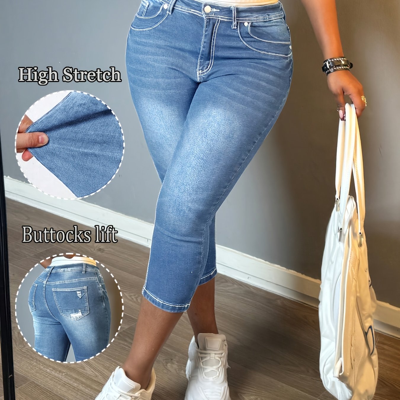 Image of Plus Size High-waist Retro Washed Denim Cropped Pants, High Elasticity Slim Fit Calf Jeans, Button Closure, Zipper Opening, Elegant Commuting, Women's Jeans And Apparel