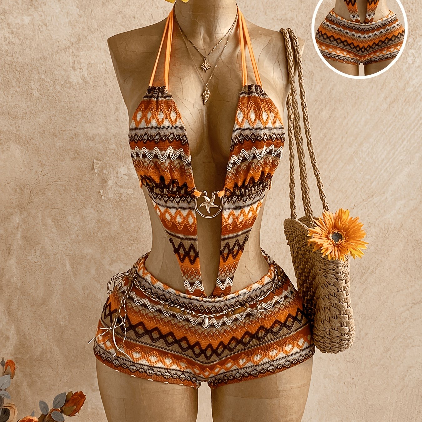 TEMU Women's Jumpsuit Sleeveless Halter Neck Tie Design Backless Design Chest Metal Decoration Design Sexy Shorts Jumpsuit Asd1