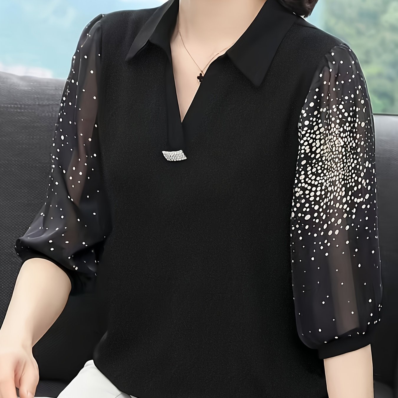 E-shop Damen Polka Dot Bedrucktes Dreiviertelärmel Pullover Shirt mit Kragen