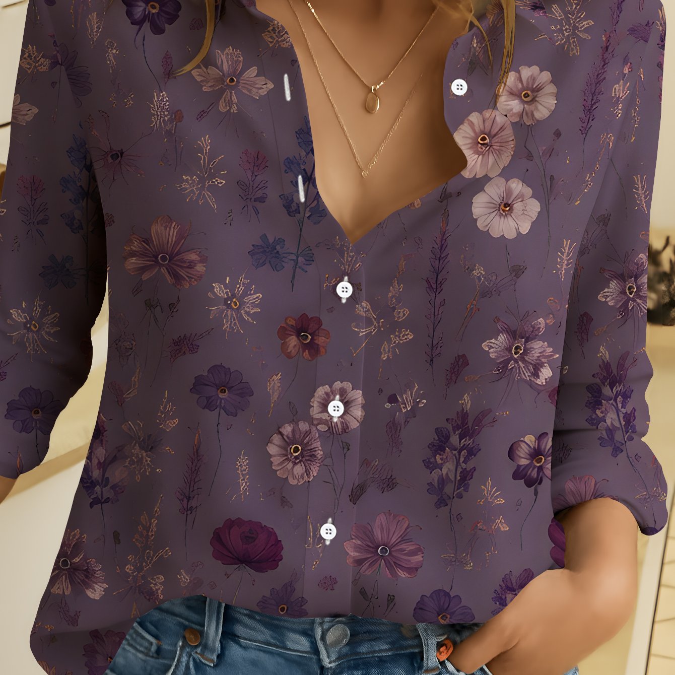 TEMU Women's Long Sleeve Shirt, Floral Print Style, ' Printed Blouse, Style, Feminine Floral Shirt, Purple- , Women's Casual Blouse, Soft And