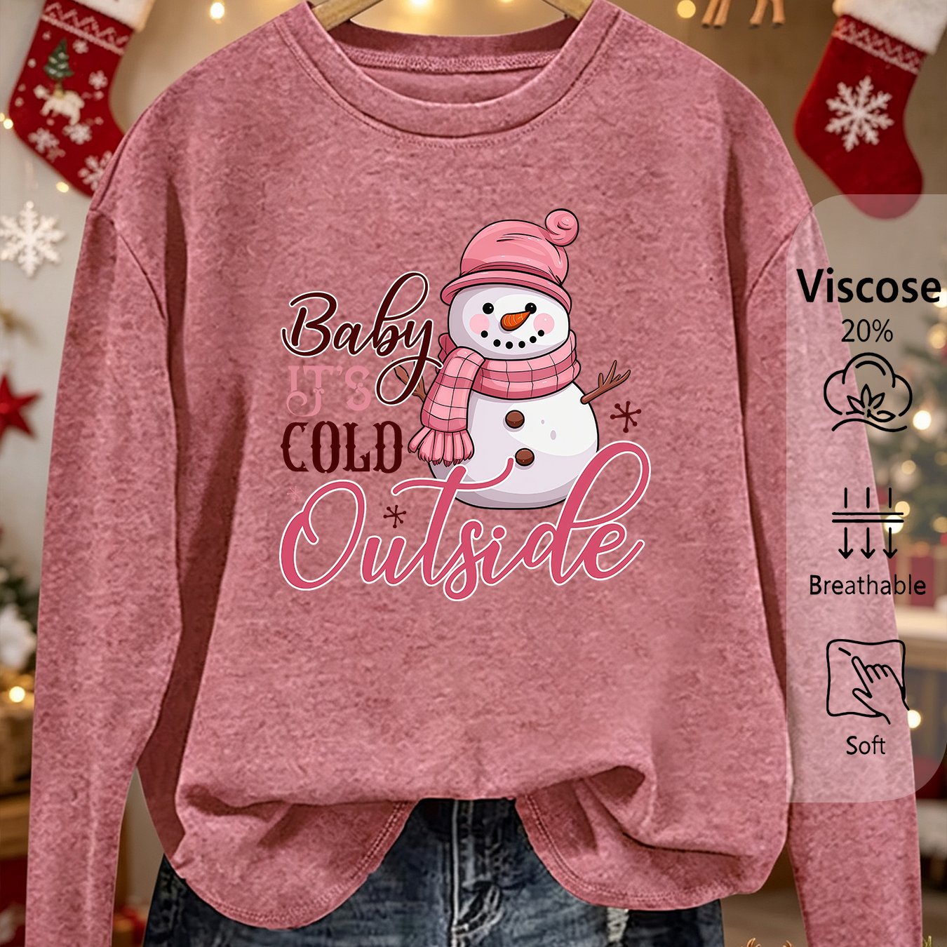 TEMU Women's Elegant Long Sleeve [christmas] " Cold Outside" Cute Snowman Pattern With Pink Hat And Scarf Printed Round Neck, Comfortable Soft