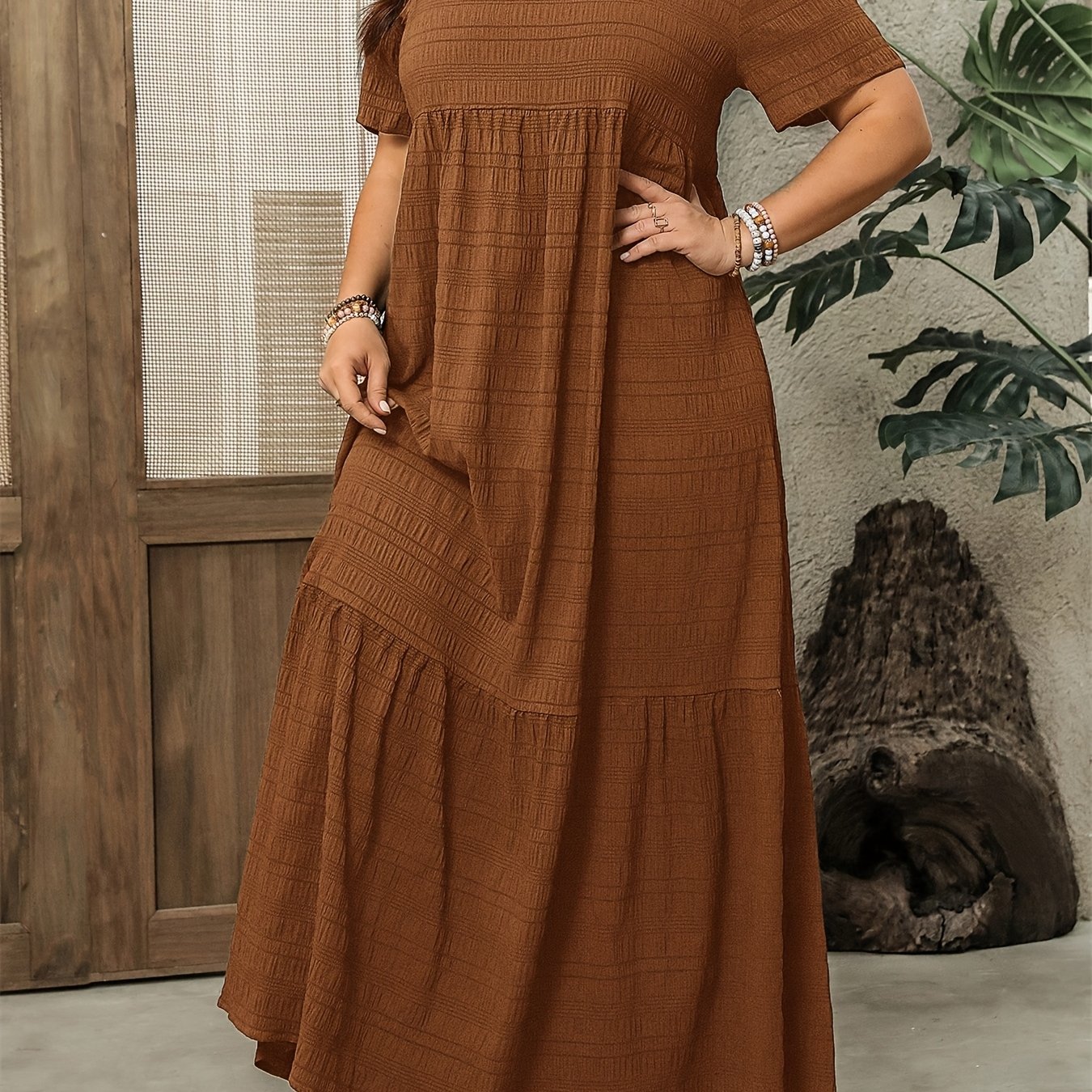 TEMU Plus Size - Plus Size - Plus Size Women's Dress, Easy Solid Short Sleeve Loose Long Dress, Gift For Mom, , Women's Vacation Wear, , Suitable For