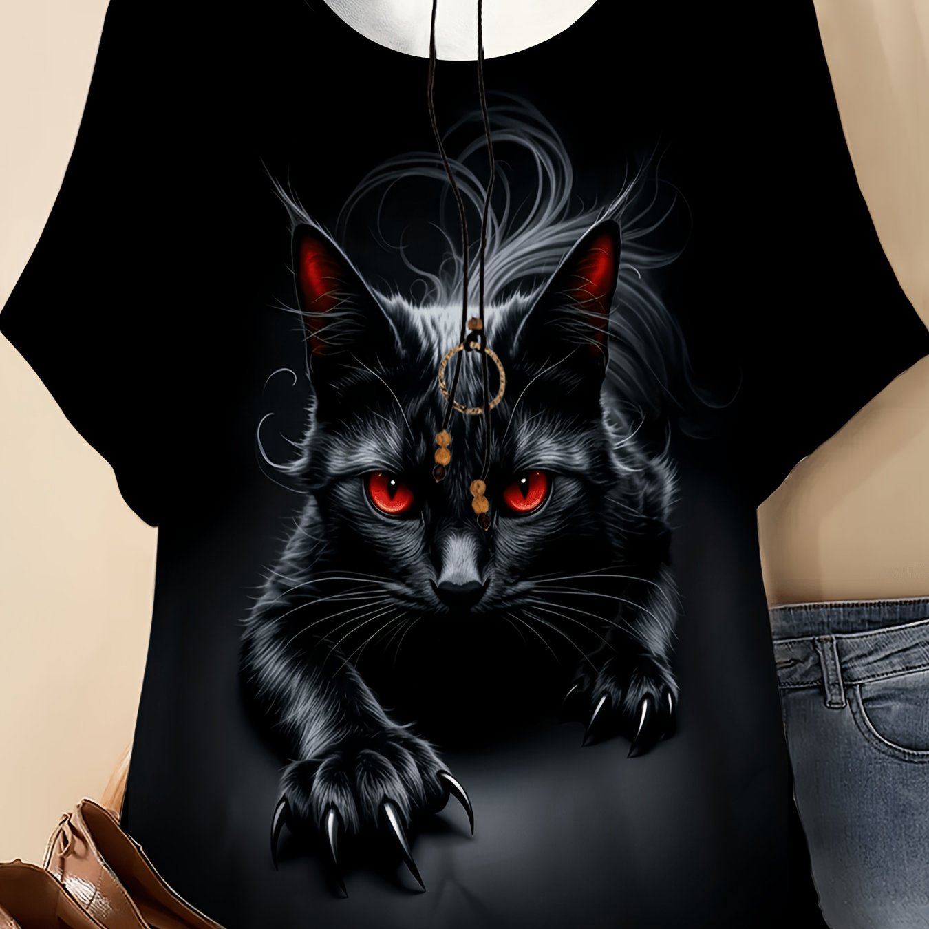 TEMU Plus Size - Plus Size - Plus-size Women's T-shirt With A Round Neck And Short Sleeves, Featuring A Mysterious And Elegant Print Of A Black Cat