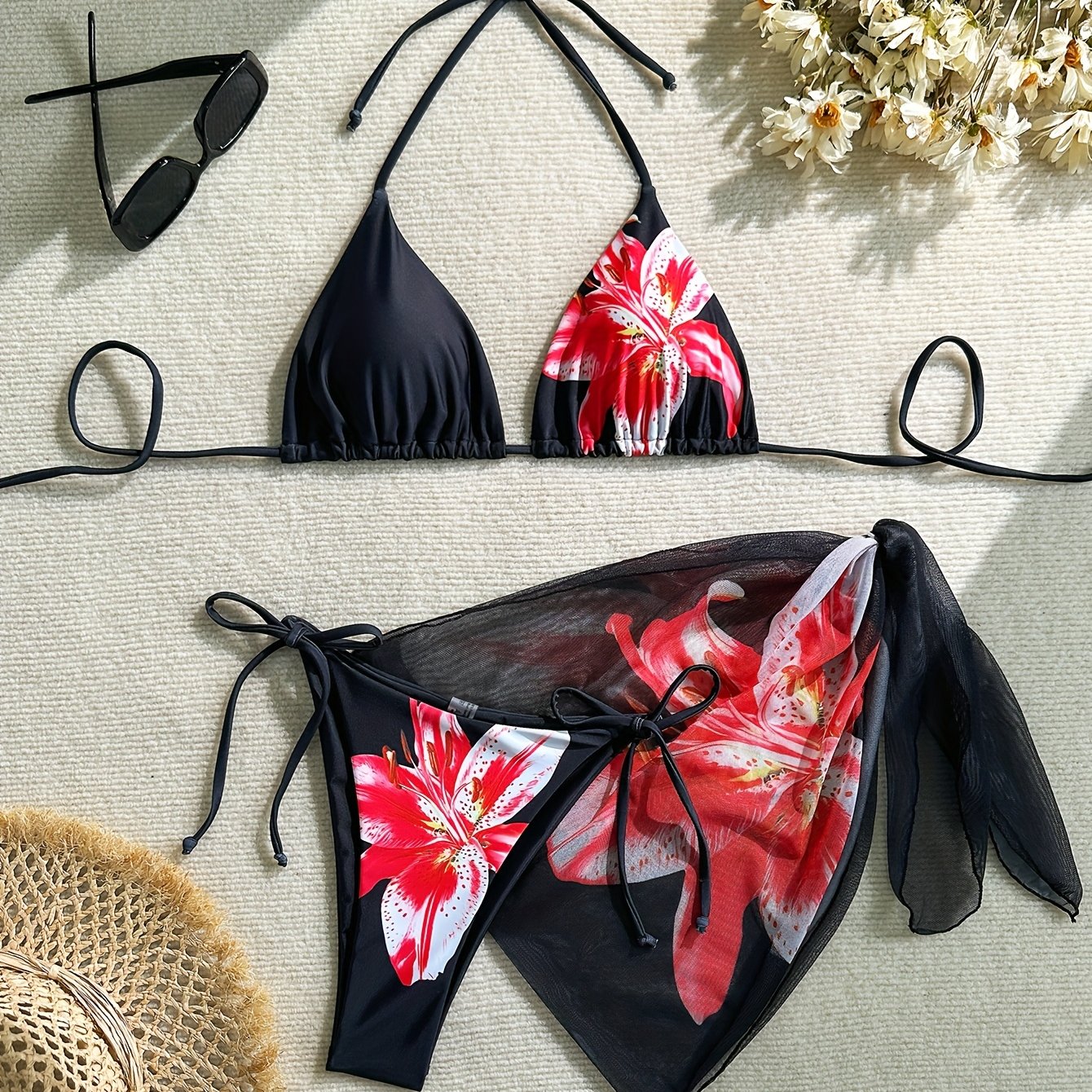 E-shop Sexy Damen-Modische Blumen-Bikini-Dreiteiliges Badeanzugset