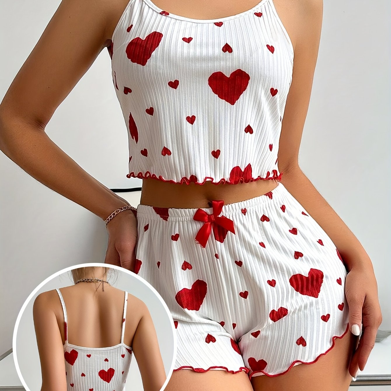 Image of Ladies' Heart Patterned Attractive Ribbed Pajama Ensemble, Round Neck Backless Crop Camisole And Shorts, Cozy Loose Fit, Summer Sleepwear