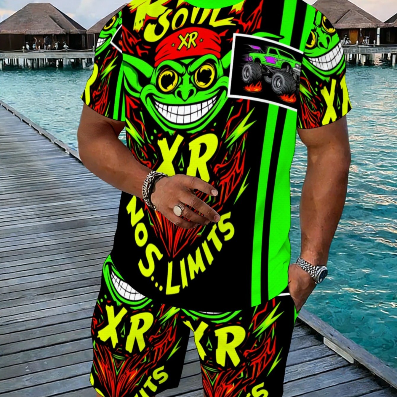 TEMU Conjunto de camiseta y pantalón corto de poliéster para hombre [Diseño estampado no texturizado], estampado en verde y , y duradero, para , o