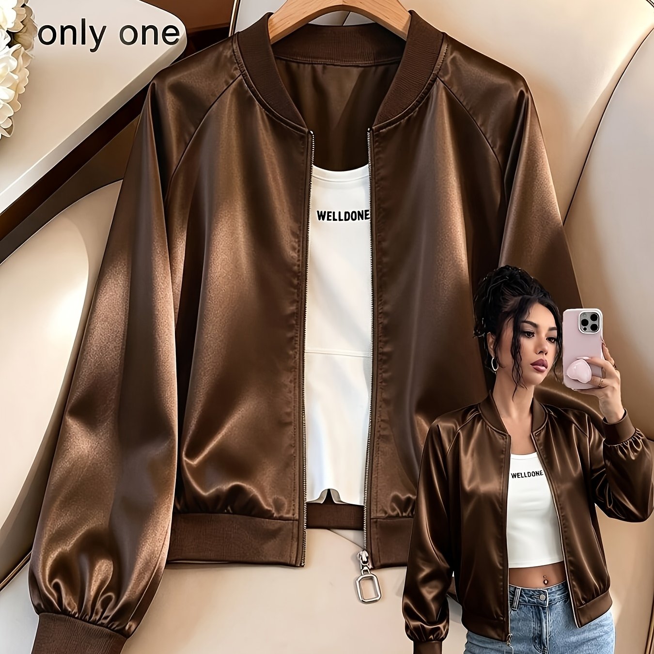 TEMU Women's Jacket, Solid Color Baseball Coat, Ribbed Baseball Collar, Long Sleeve With Ribbed Cuffs, Minimalist Commuter Style, Suitable For Daily