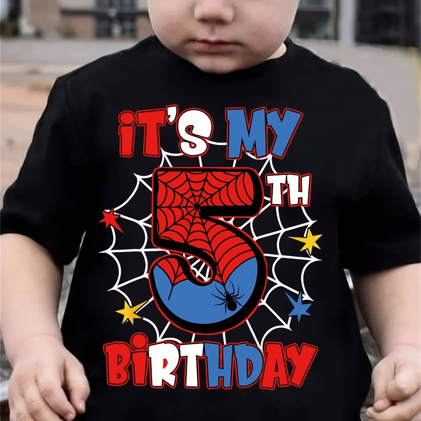 Spring, Summer And Autumn Boys' Casual, Fashionable, Trendy And Cute Cartoon " My Fifth Birthday" Letter Print Short-sleeve Top T-shirt, Suitable For Daily And Outdoor Use