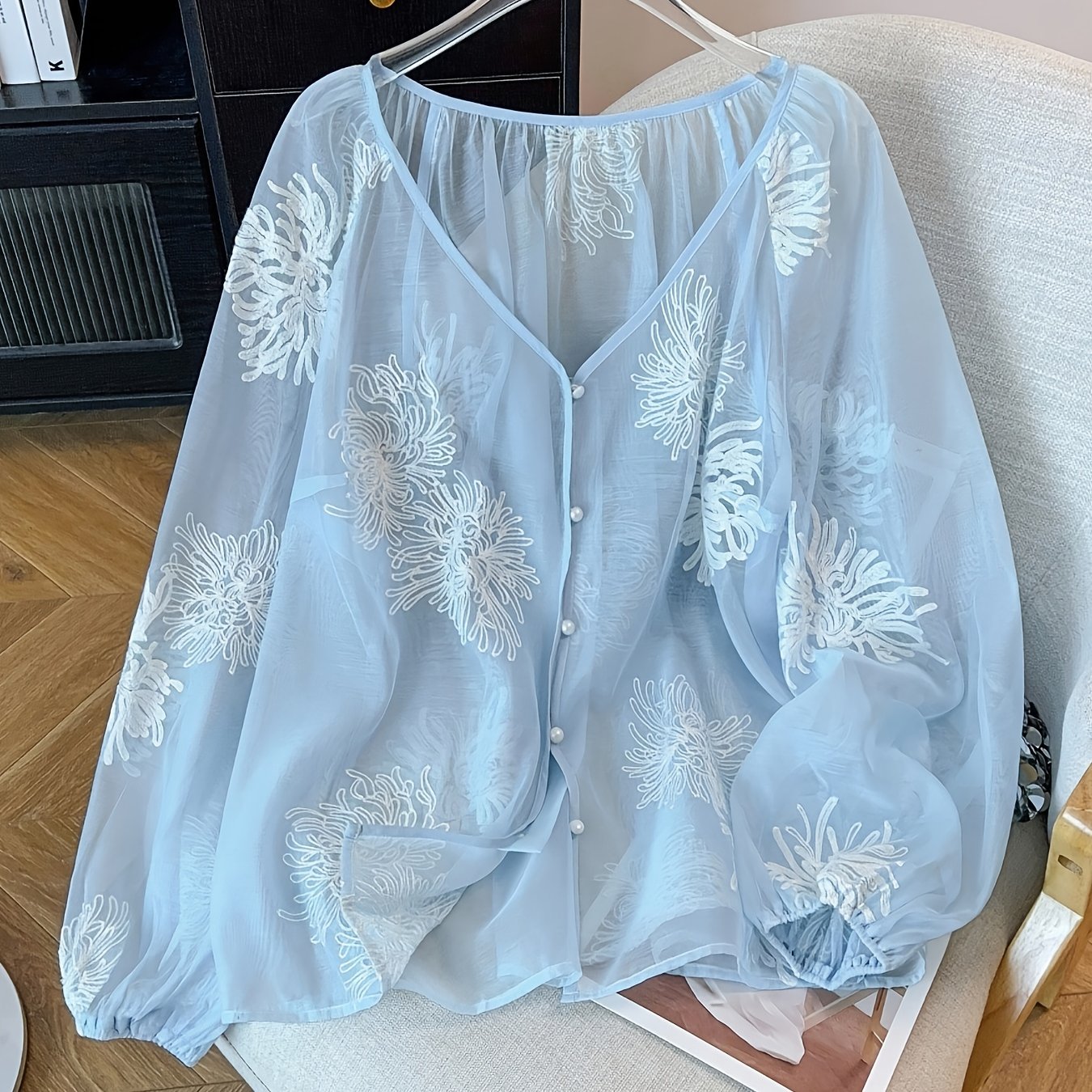TEMU Plus Size, Plus-size Women's Long-sleeve Casual Embroidered Shirt, Suitable For Vacation, /summer Shawl Top For Women