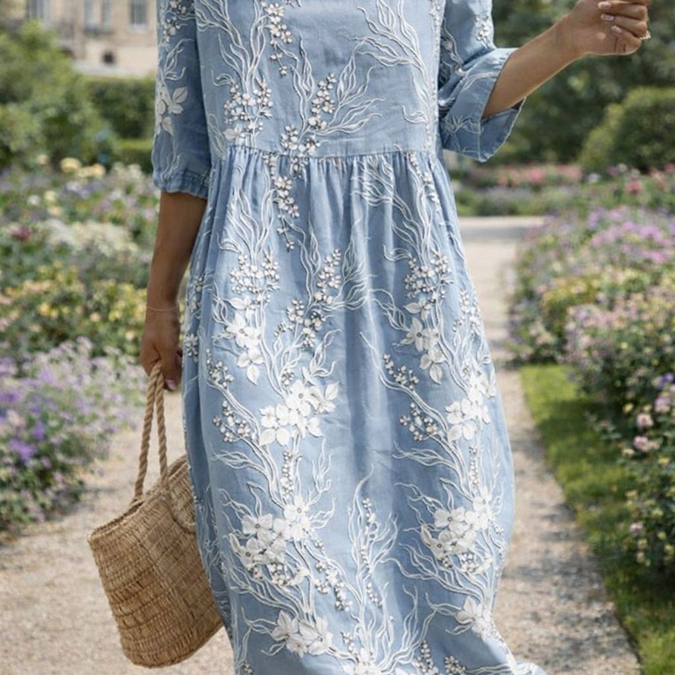 Image of Plus Size, New Arrival Vintage Casual Women Round Neck 3 Quarter Sleeve Midi Dress, Allover White Vine Floral Embroidery On Light Base, High Waist Gathered Swing Skirt Daily Holiday Outfits