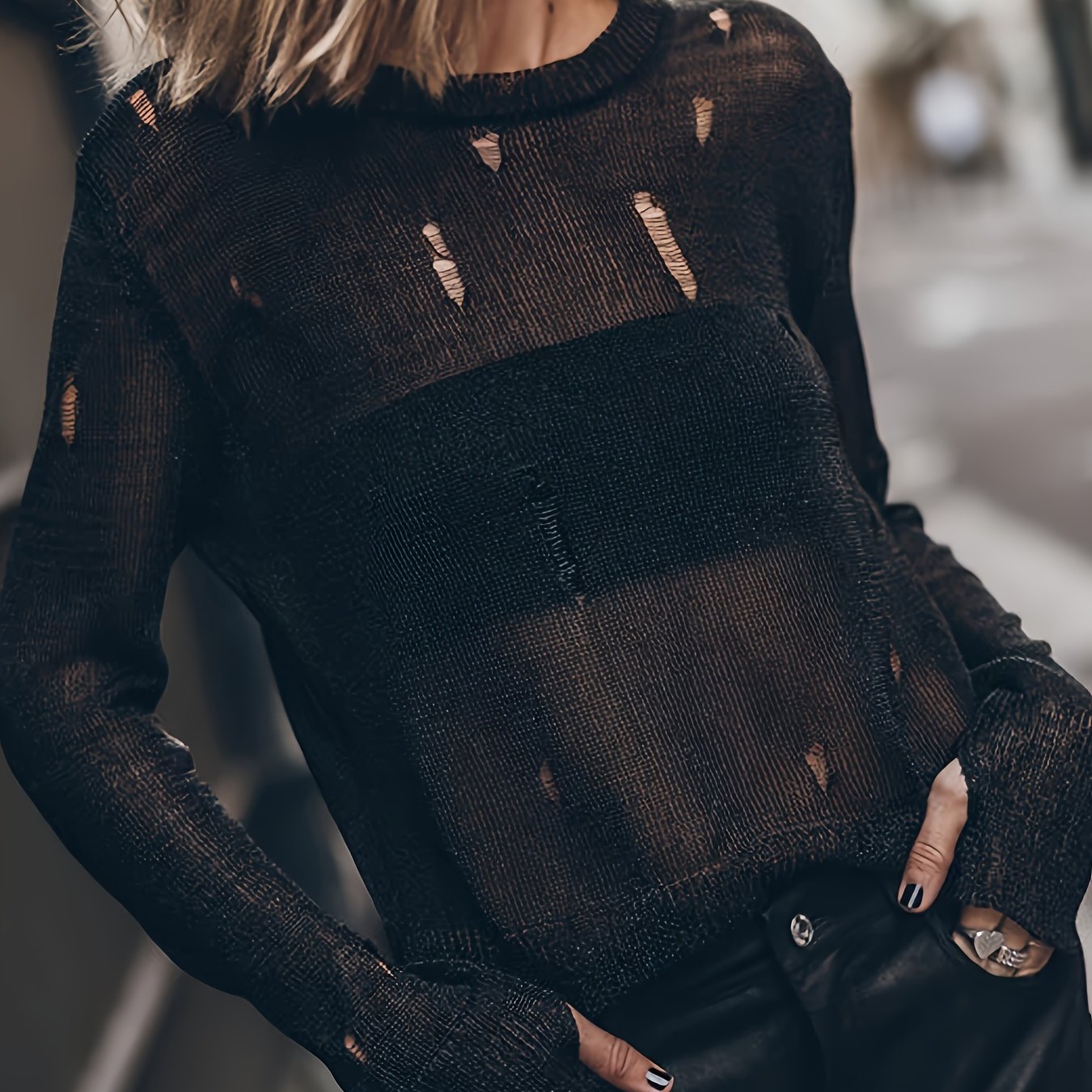 New Women's Casual Fashion Solid Color Ripped Semi-transparent Long Sleeve Pullover