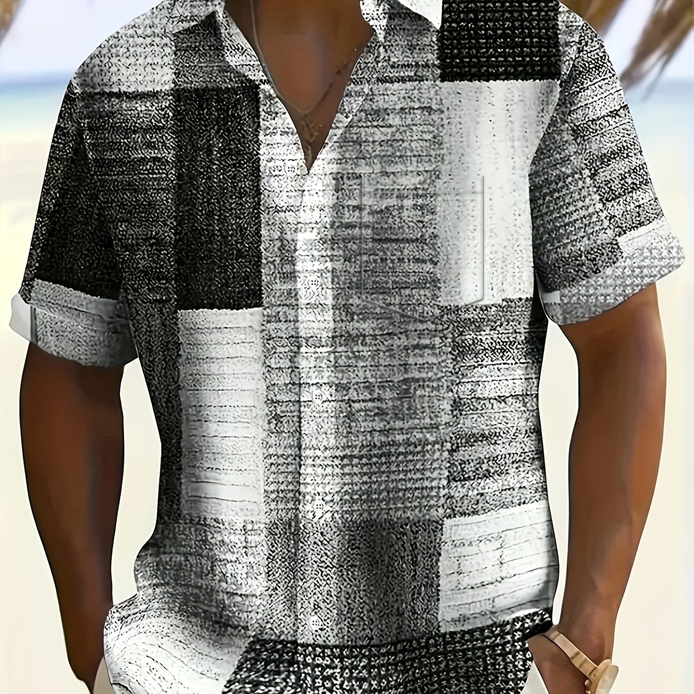 E-shop Herren Vintage Geometrisches Muster Kurzarm Button-Up Freizeitshirt mit Tasche, Mode Top für Outdoor Aktivitäten Urlaub als Geschenk