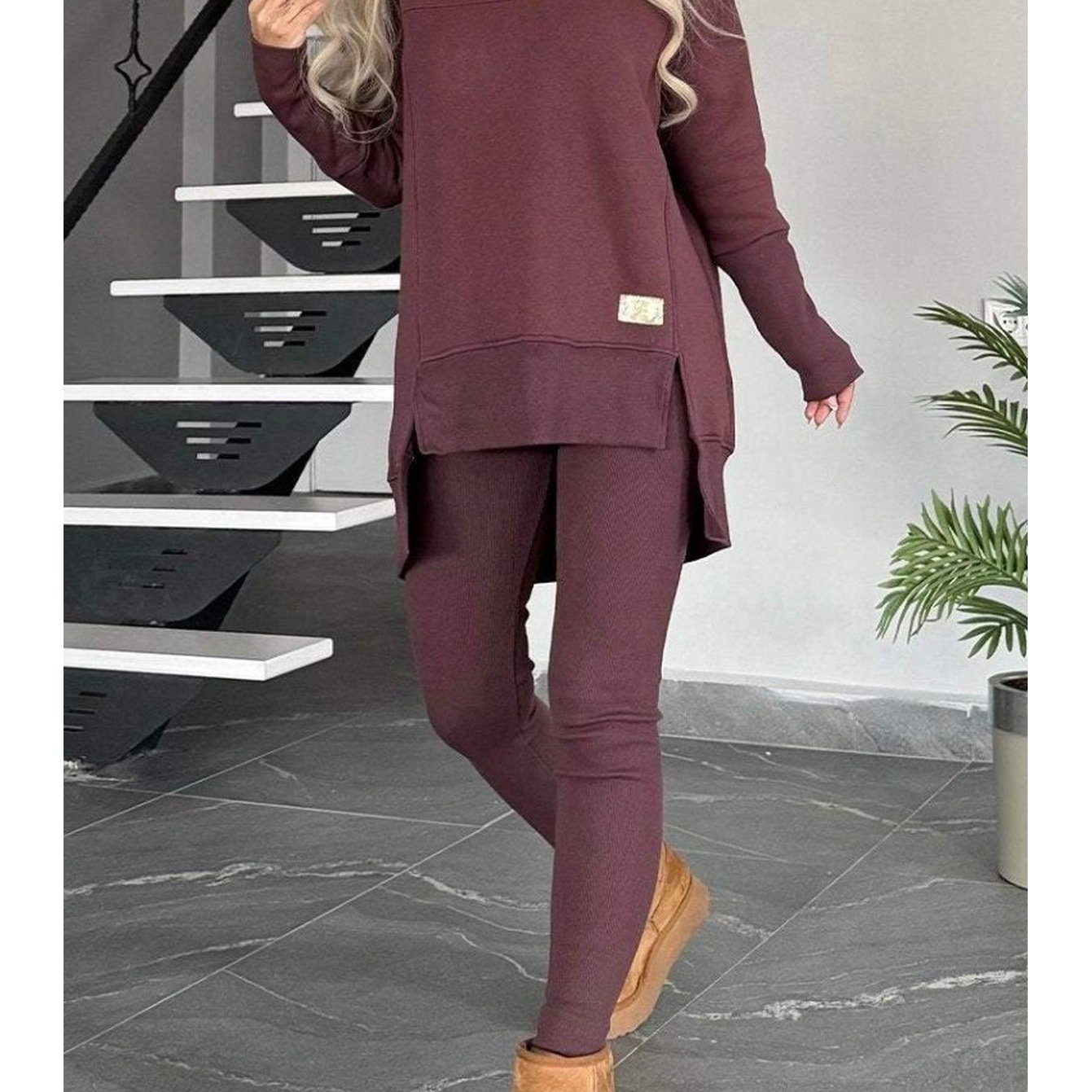 TEMU New Women's Autumn-winter 2pcs Set: Round-neck, Side-slit Long-sleeve Hoodie With Slim-fit Pants, Solid Color Leisure Suit