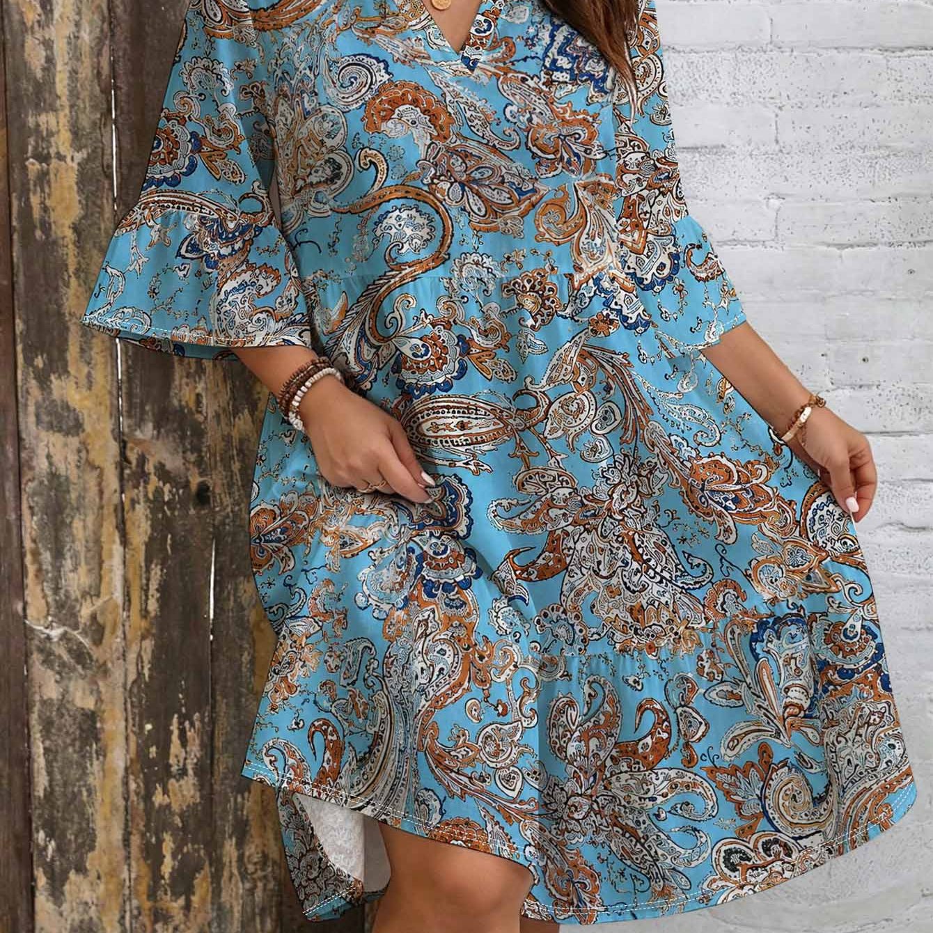 Image of Plus Size Paisley Print Dress For Women. V-neck. Bell Sleeves. Layered Skirt. Loose Fit Colorful Elegant Bohemian And Vintage Style Dress