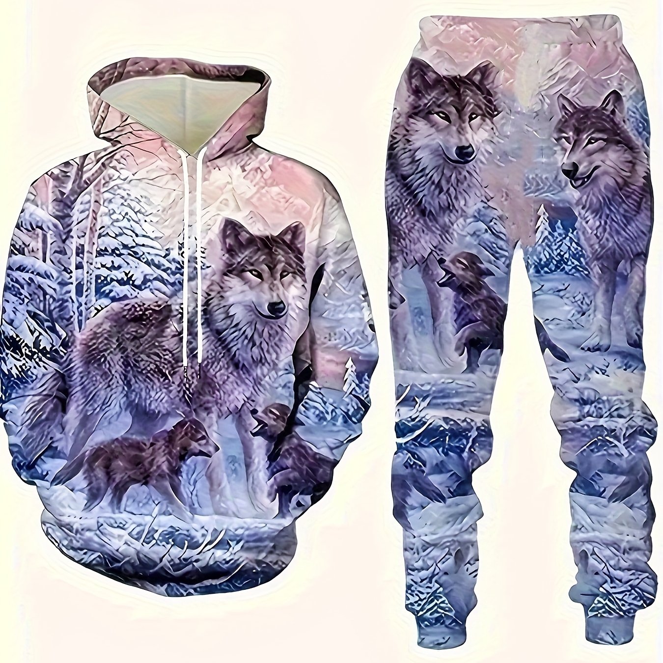 TEMU Set Of 's Plus Size Hoodie And Sweatpants Featuring A Wolf Print - Comfortable, Complete Animal And Pattern, Casual/sporty Style With Pockets