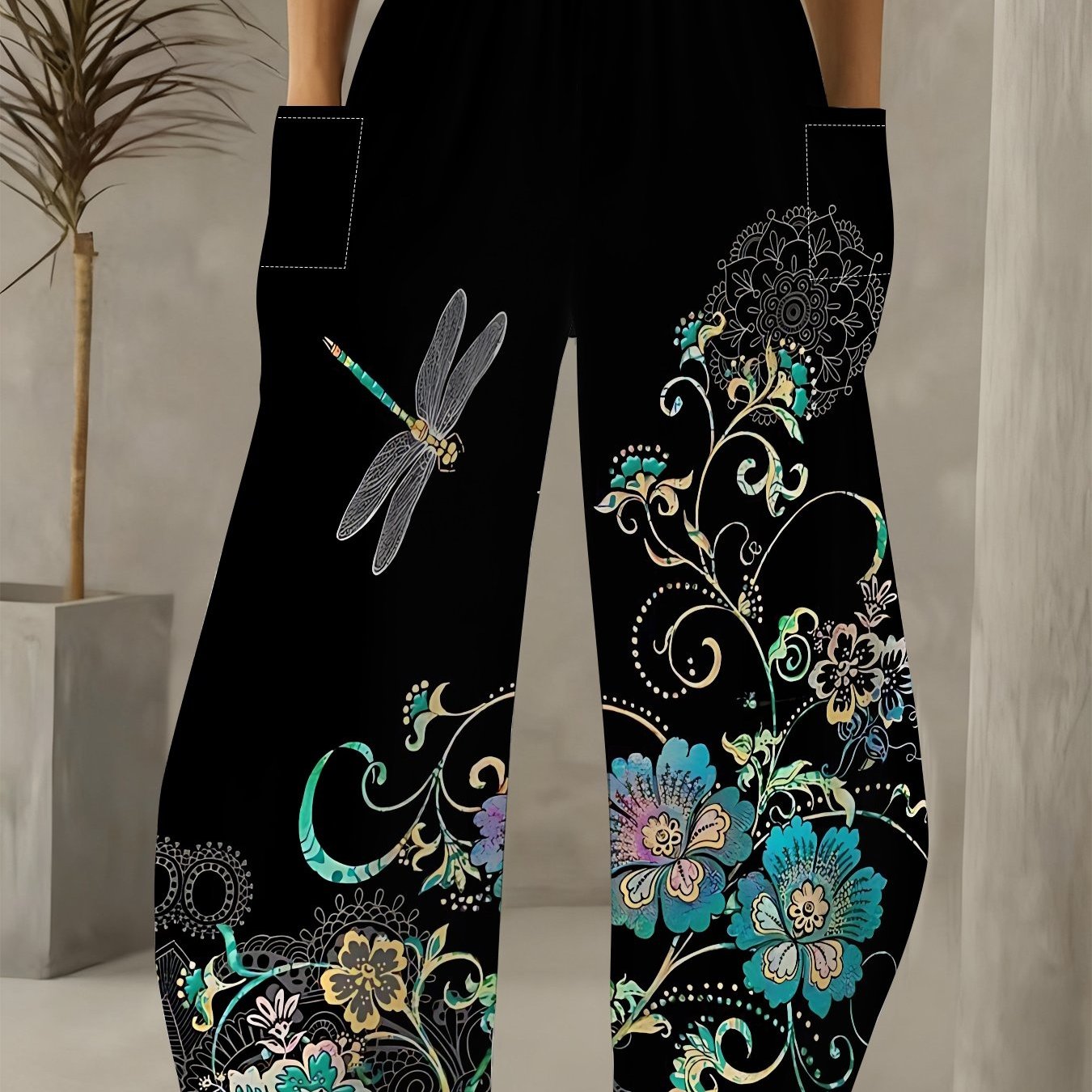 TEMU Plus-size Black Wide-leg Pants For Women With Dragonfly And Floral Print, Summer Loose Drape With Pockets, Casual Floor-length Pants,