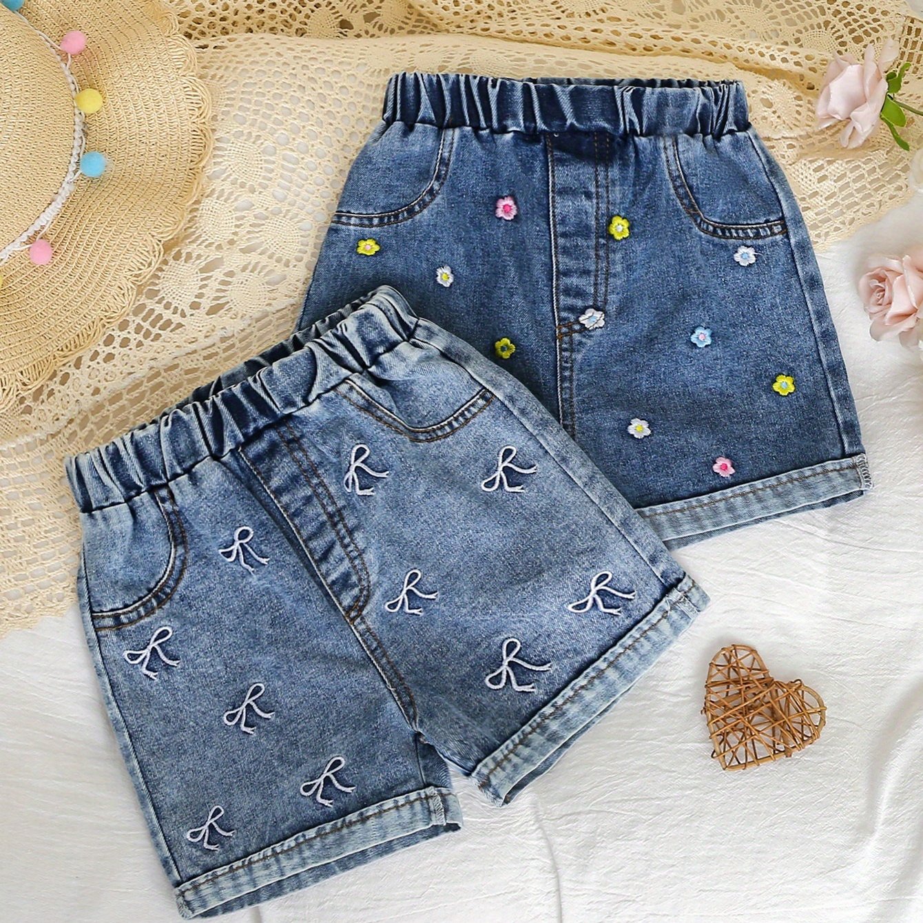 Image of A Set Of 2 Summer Casual Shorts For Girls Featuring Knot Floral Embroidery, Perfect For Street Fashion In Denim.