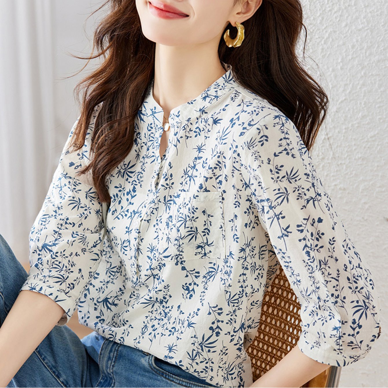 TEMU 【商品名】春夏 陶器 小花柄シャツ レディース シャツ 七分袖トップス レディース トップス フな夏トップス レディース シックで若々しいブラウス レディース ジャケット