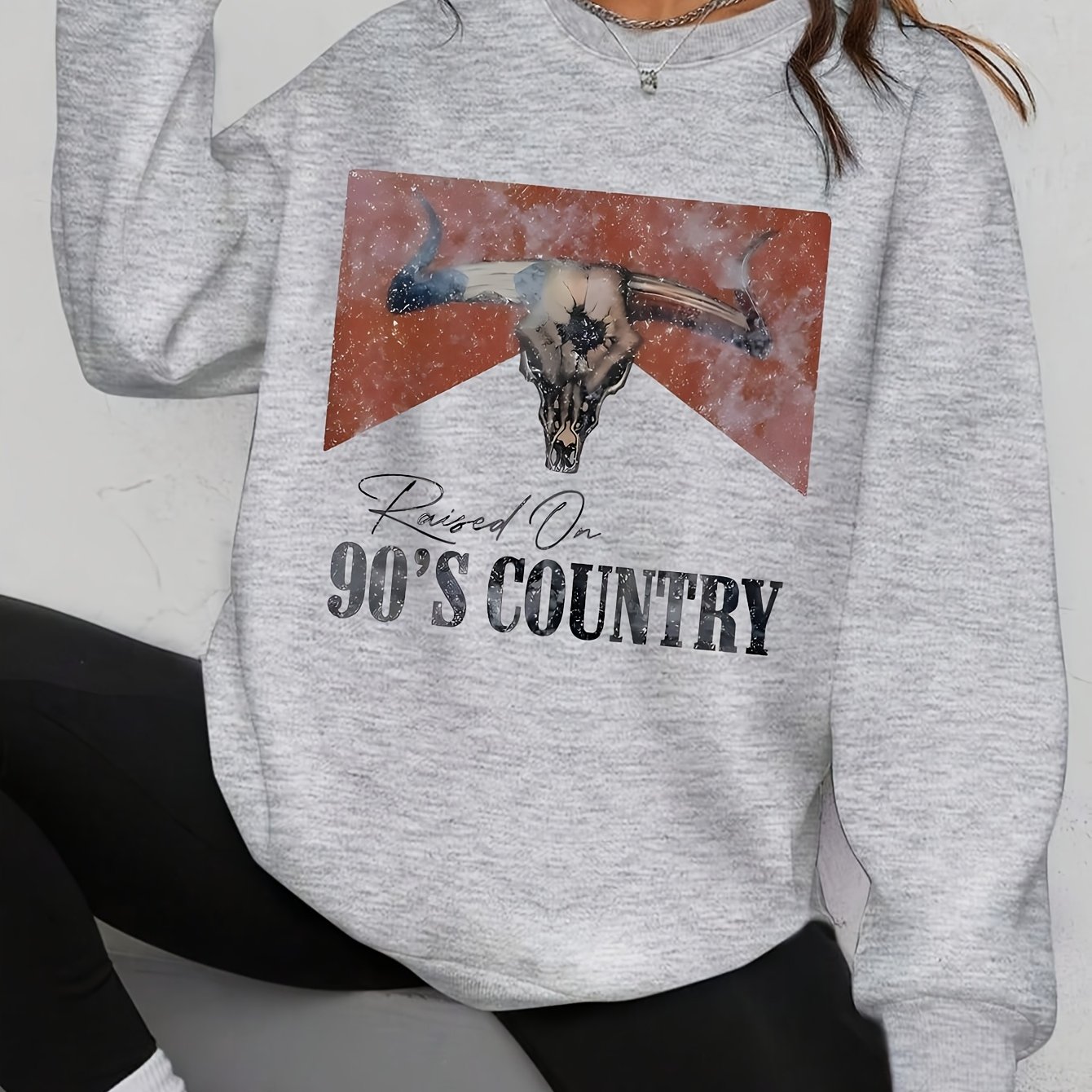 TEMU Sweatshirt décontracté à col ras du cou pour femme, style rétro, avec imprimé cowboy western tropical [Pantalon imprimé - Tissu non en denim]