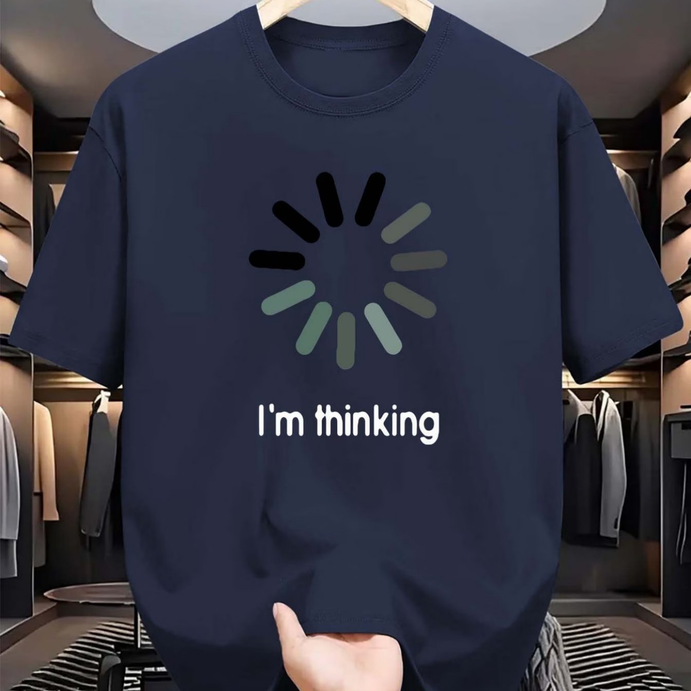 TEMU Men's Black & White Crew Neck T-shirt With "i'm Thinking" Loading - Lightweight Breathable Polyester Casual Summer Shirt, Suitable For