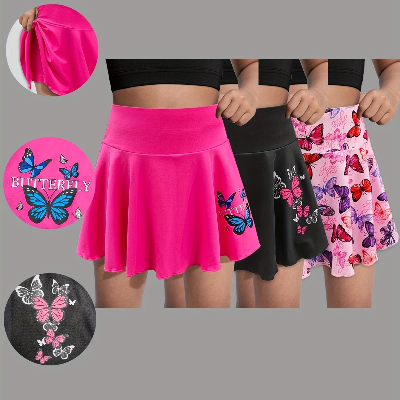 Image of 3pcs Girls' High-waist Print Skort Set - Stretchy Casual Spring/summer Outfit, Pink/black/floral, 110-150 Yards